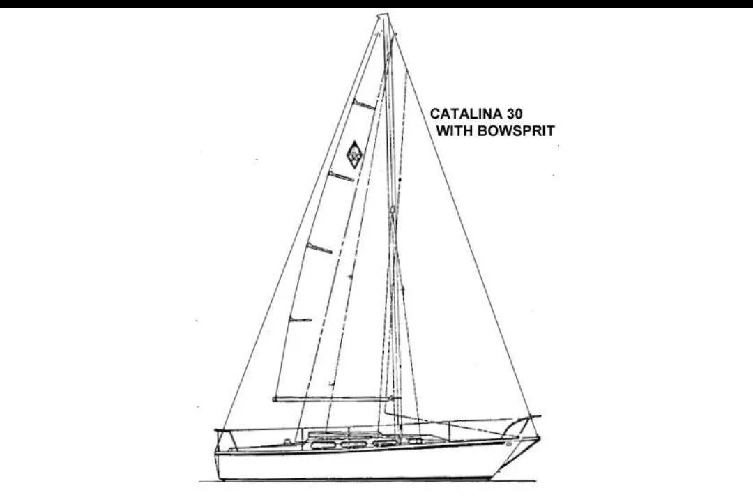 Drawing of a 1977 Catalina 30 with bowsprit, showing sail and hull details.