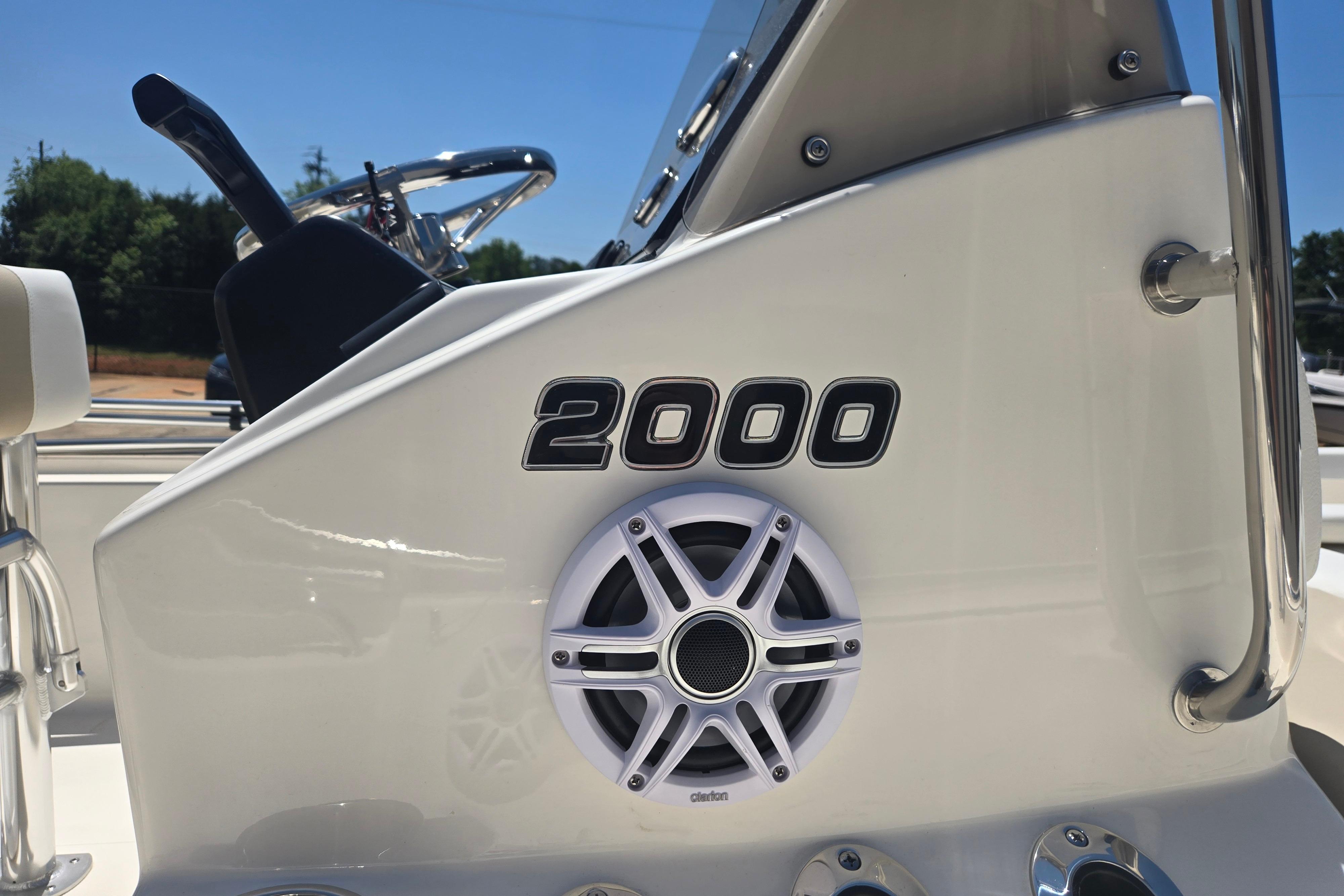 Bulls Bay 2000 boat console with speaker, 2026 model, under clear blue sky.