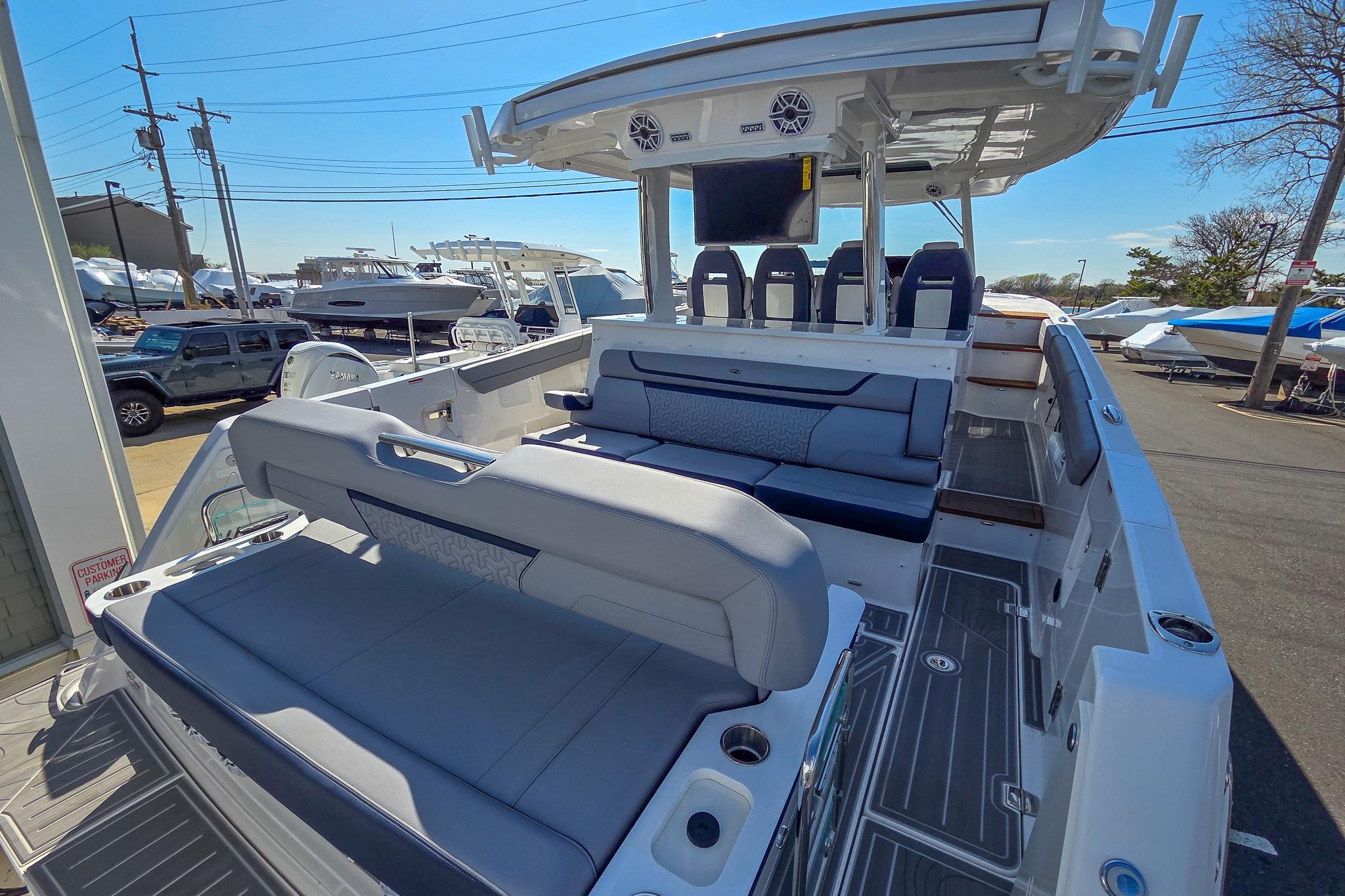 2026 Regal 38 SAV luxury boat interior with spacious seating and modern amenities.