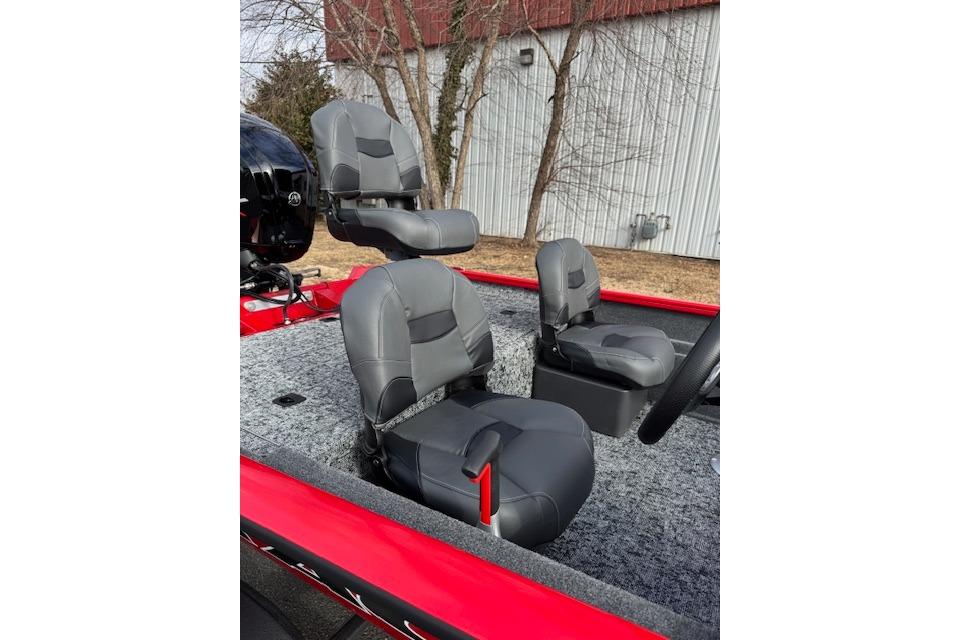 2026 Tracker Pro Team 175 Crappie Edition boat with gray seating and red accents.
