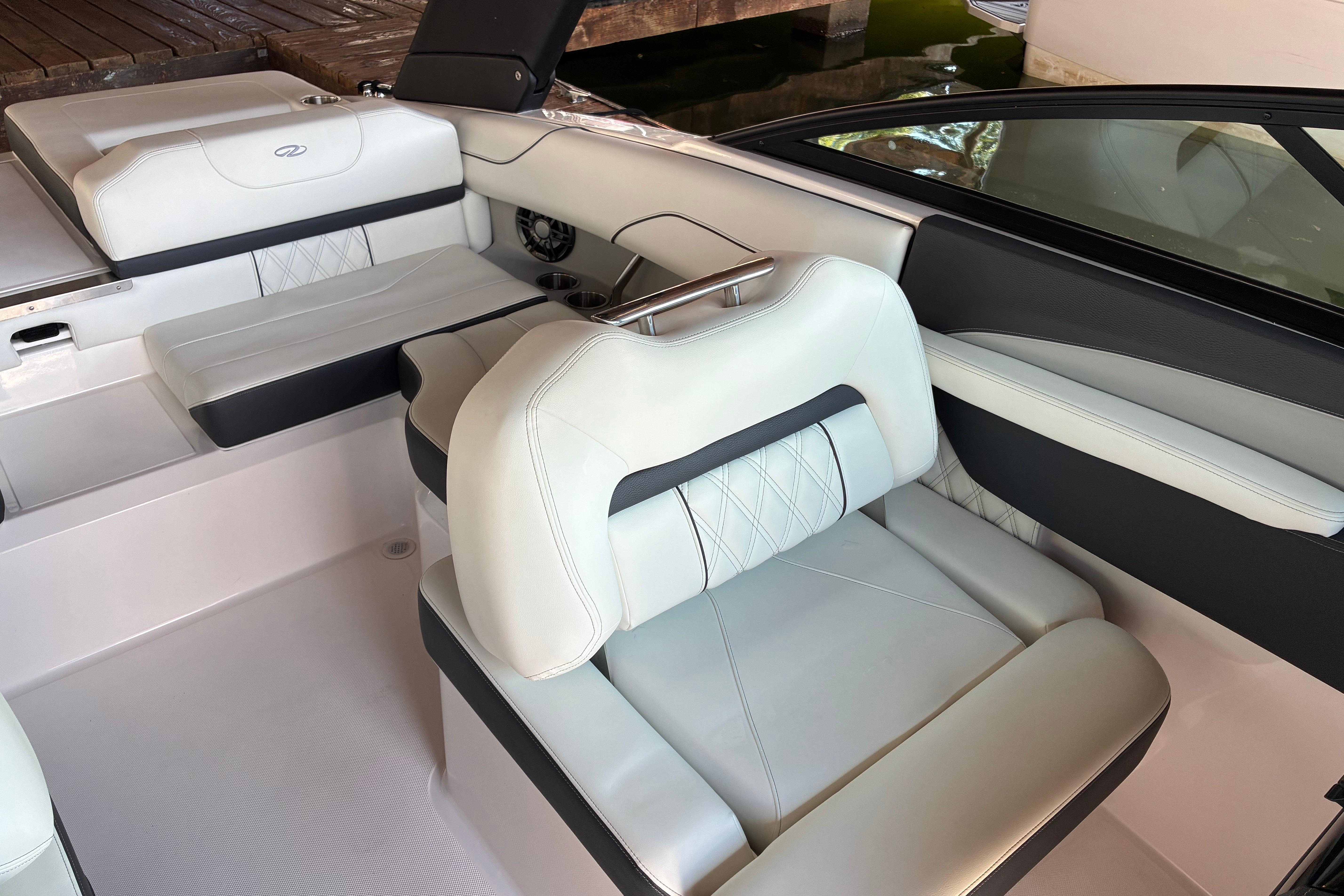 2025 Regal LS2 boat interior with luxurious white seating and modern design.