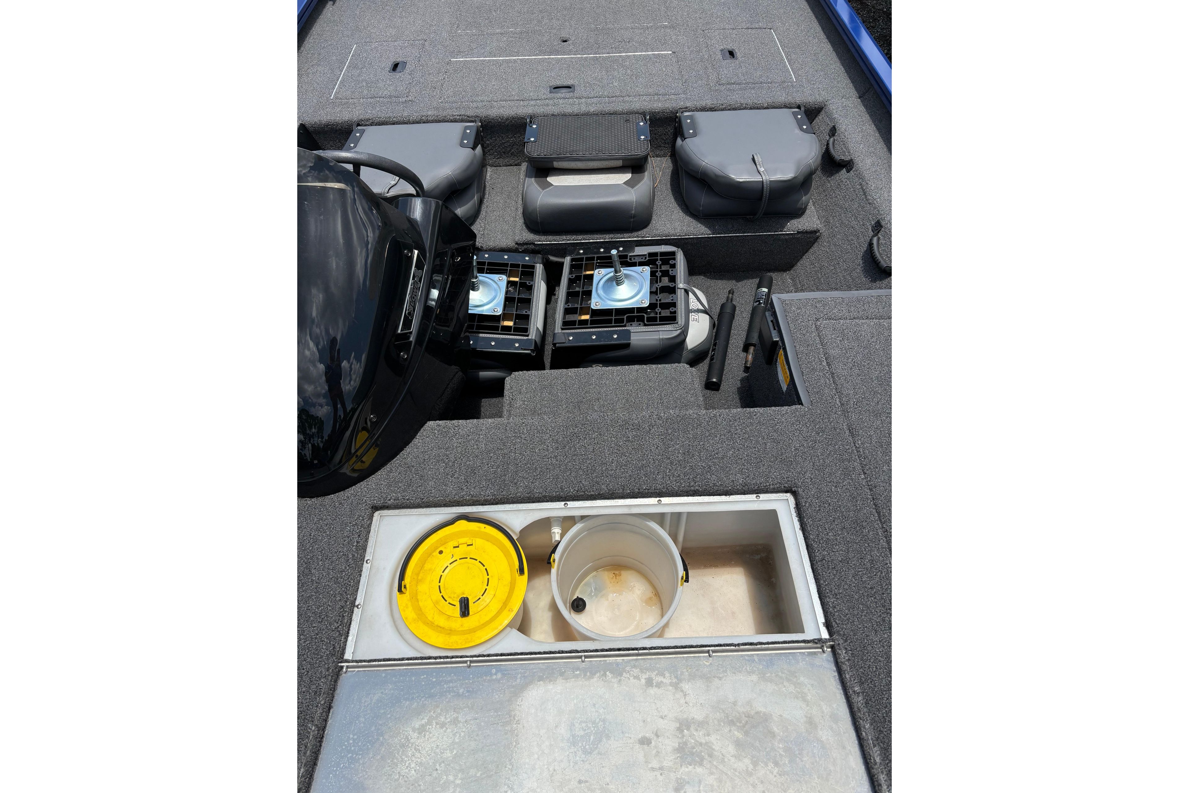 2021 Lowe Stinger 175C boat interior with storage compartments and equipment.