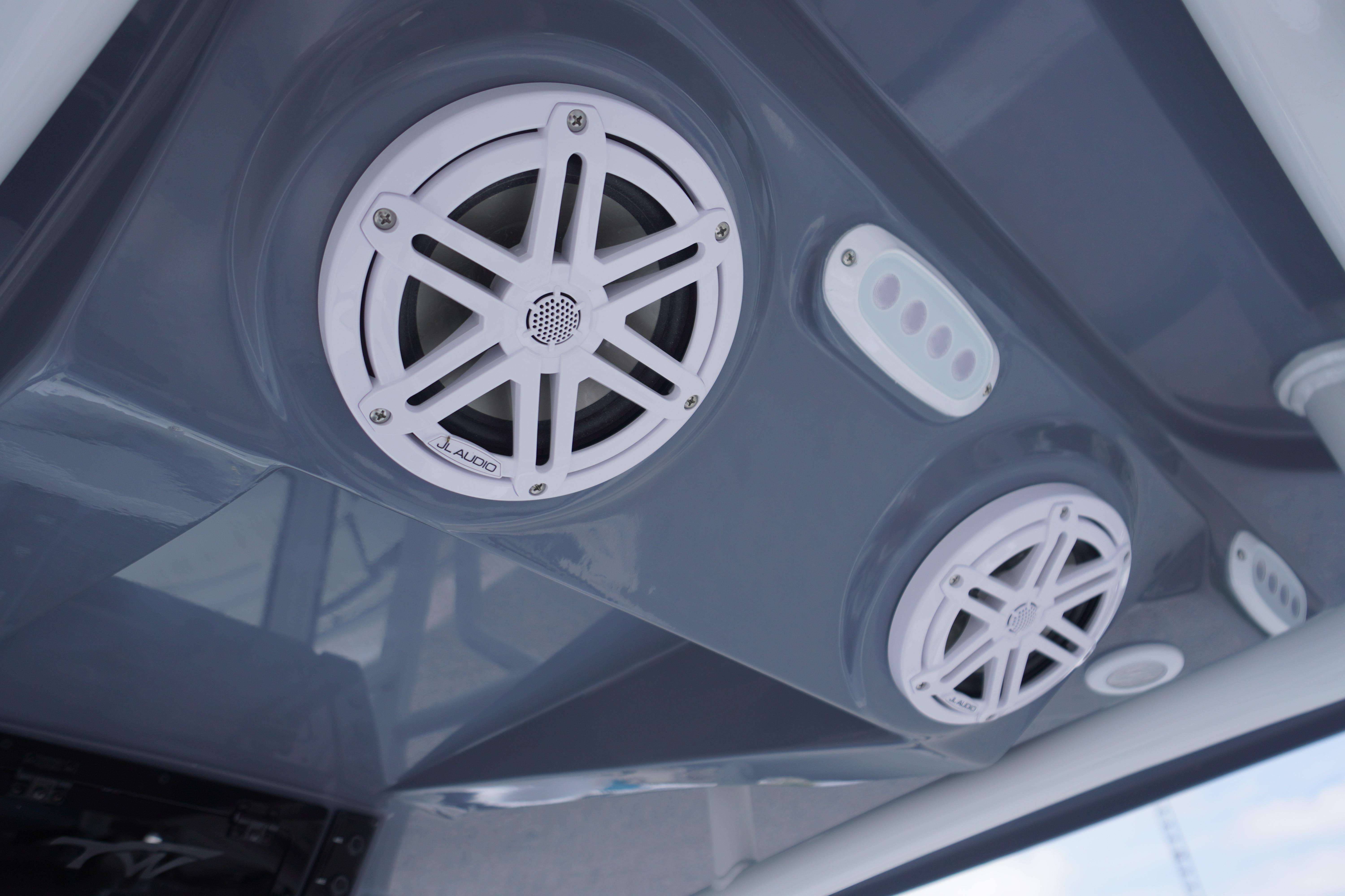 Speakers on 2027 Tidewater 220 CC Adventure boat, featuring JL Audio system.
