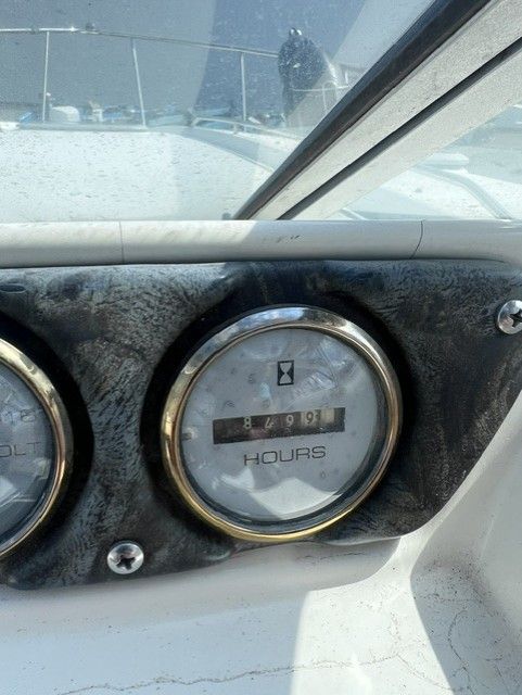 Close-up of an hour meter on a boat, displaying 849.9 hours.