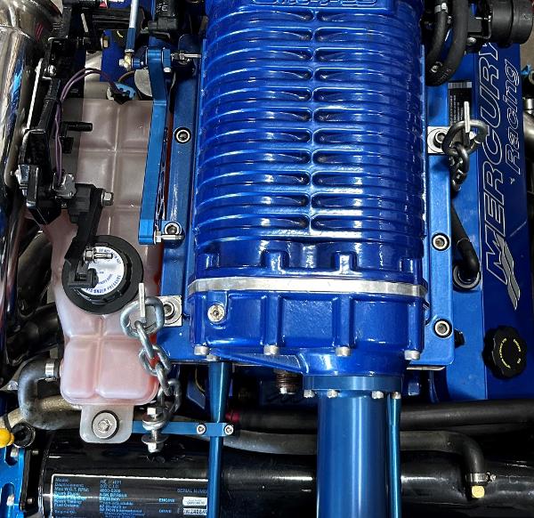 Close-up of a 2005 Cobalt 343 engine with Mercury Racing components.
