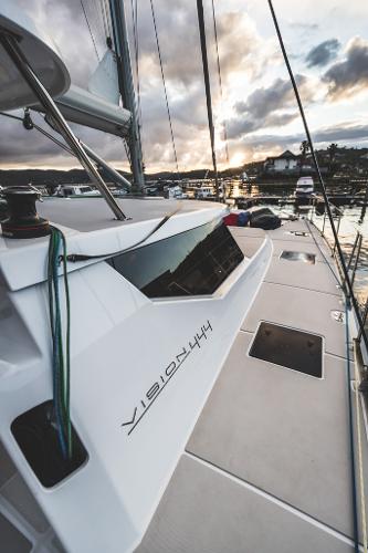 Sleek Vision 444 sailboat docked at sunset, 2025 model.
