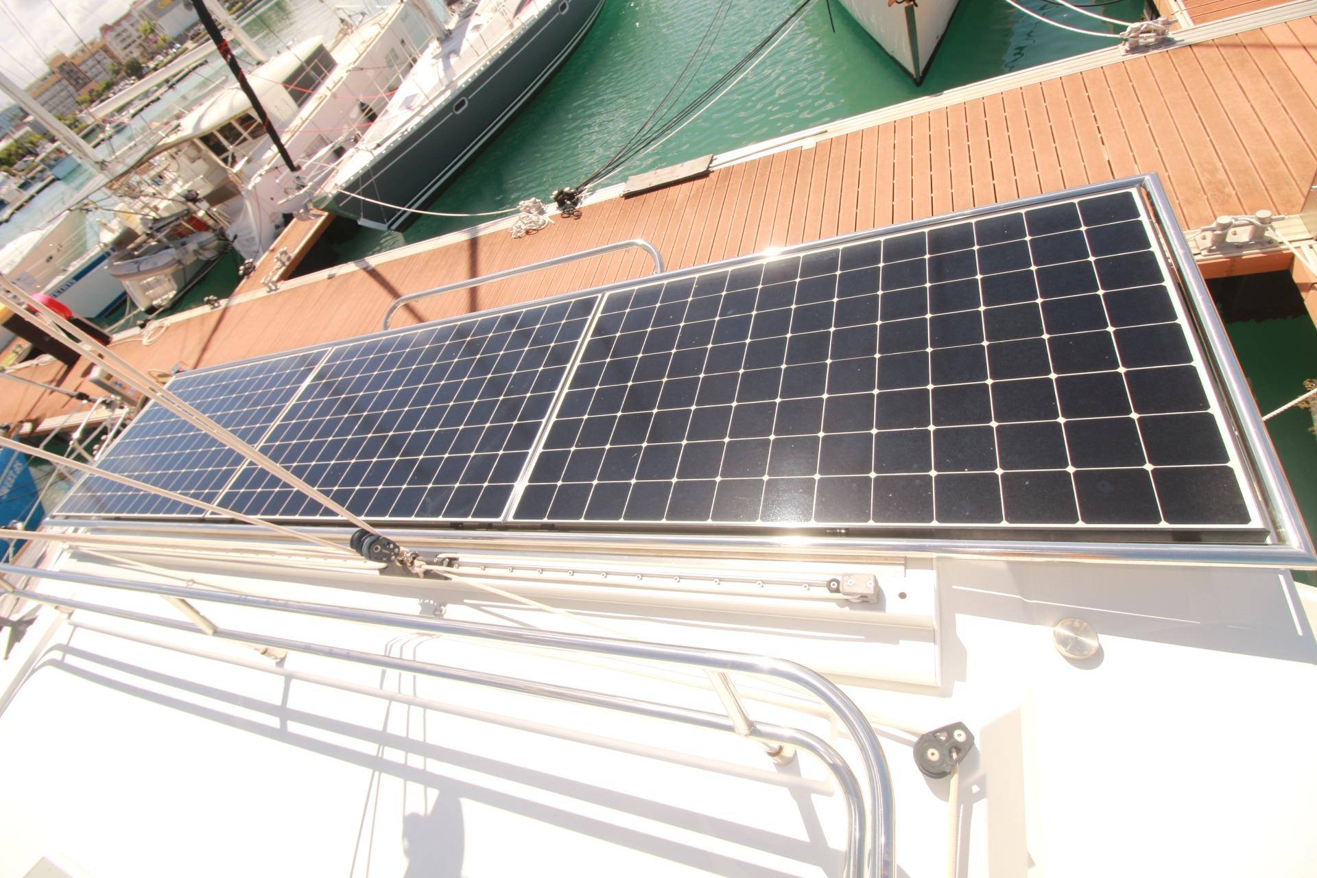 Solar panels on 2022 Fountaine Pajot Elba 45 Catamaran docked at marina.