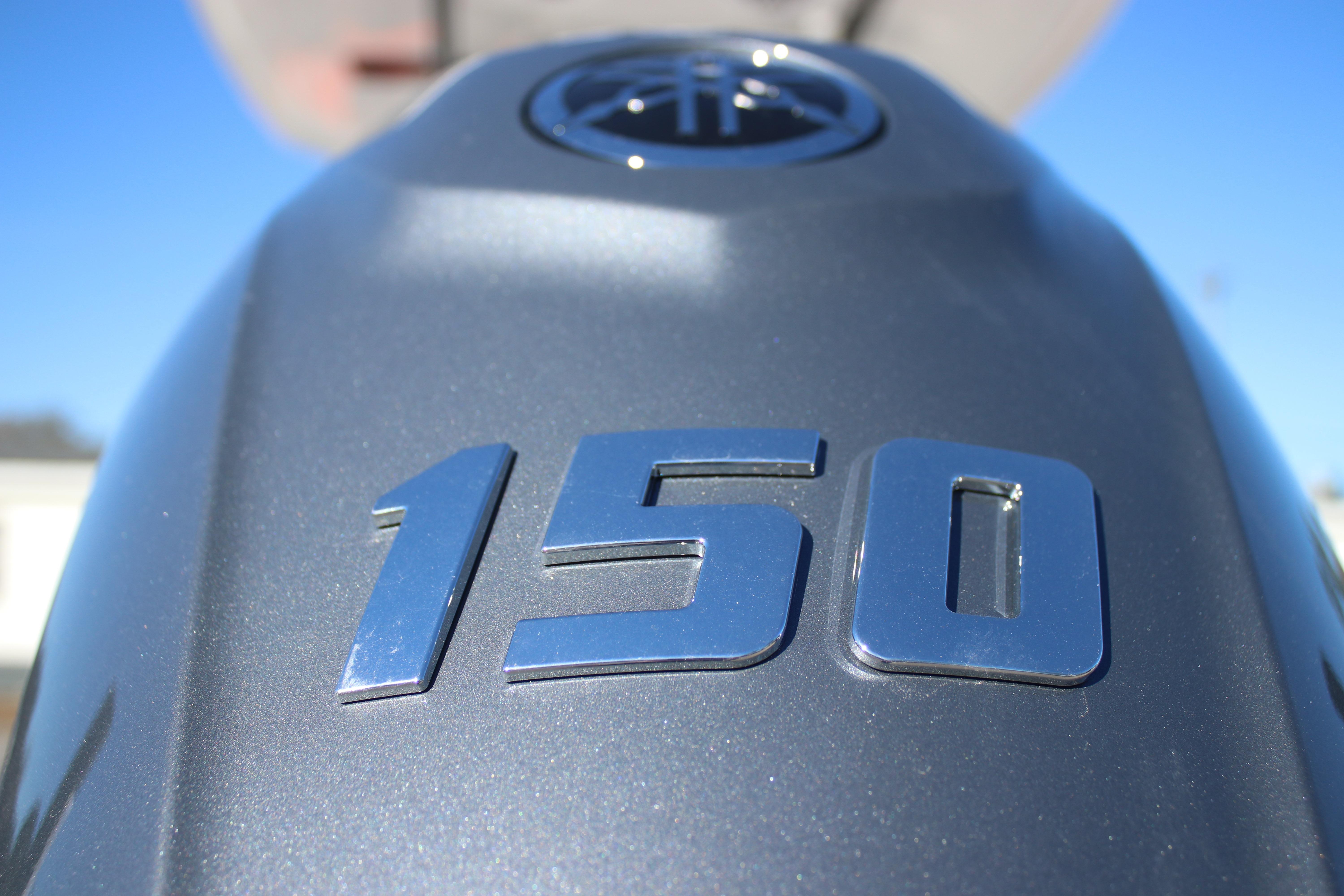 Close-up of a 150 horsepower engine on a 2026 Tidewater 2210 Carolina Bay boat.