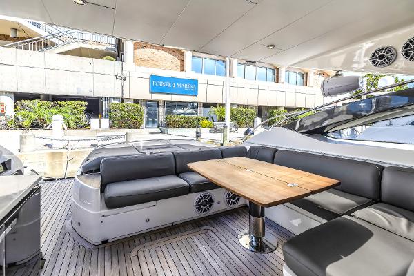 Luxurious interior of 2013 Princess V57 yacht at the marina.