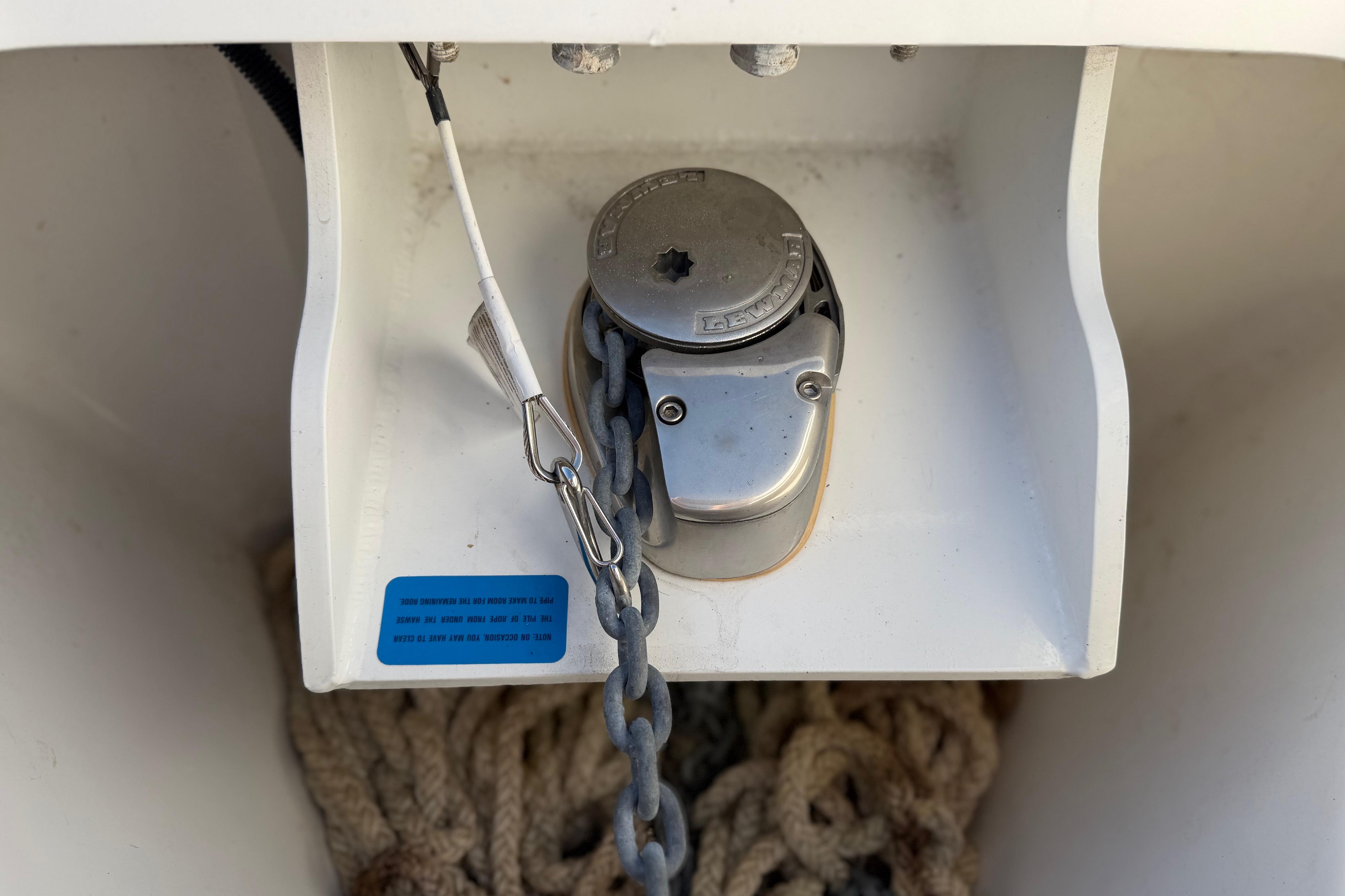 Anchor chain and rope storage on 2022 Glasstream 328 Pro-XS boat.