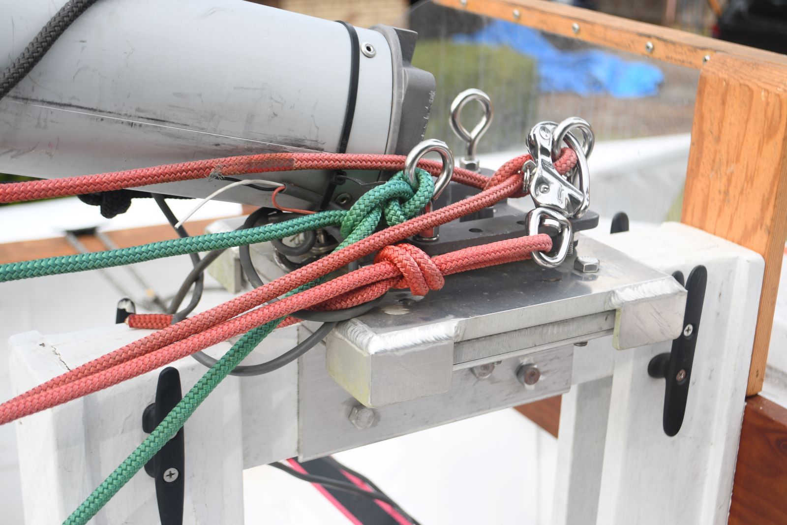 Close-up of ropes and fittings on a Custom Strike 18 boat.