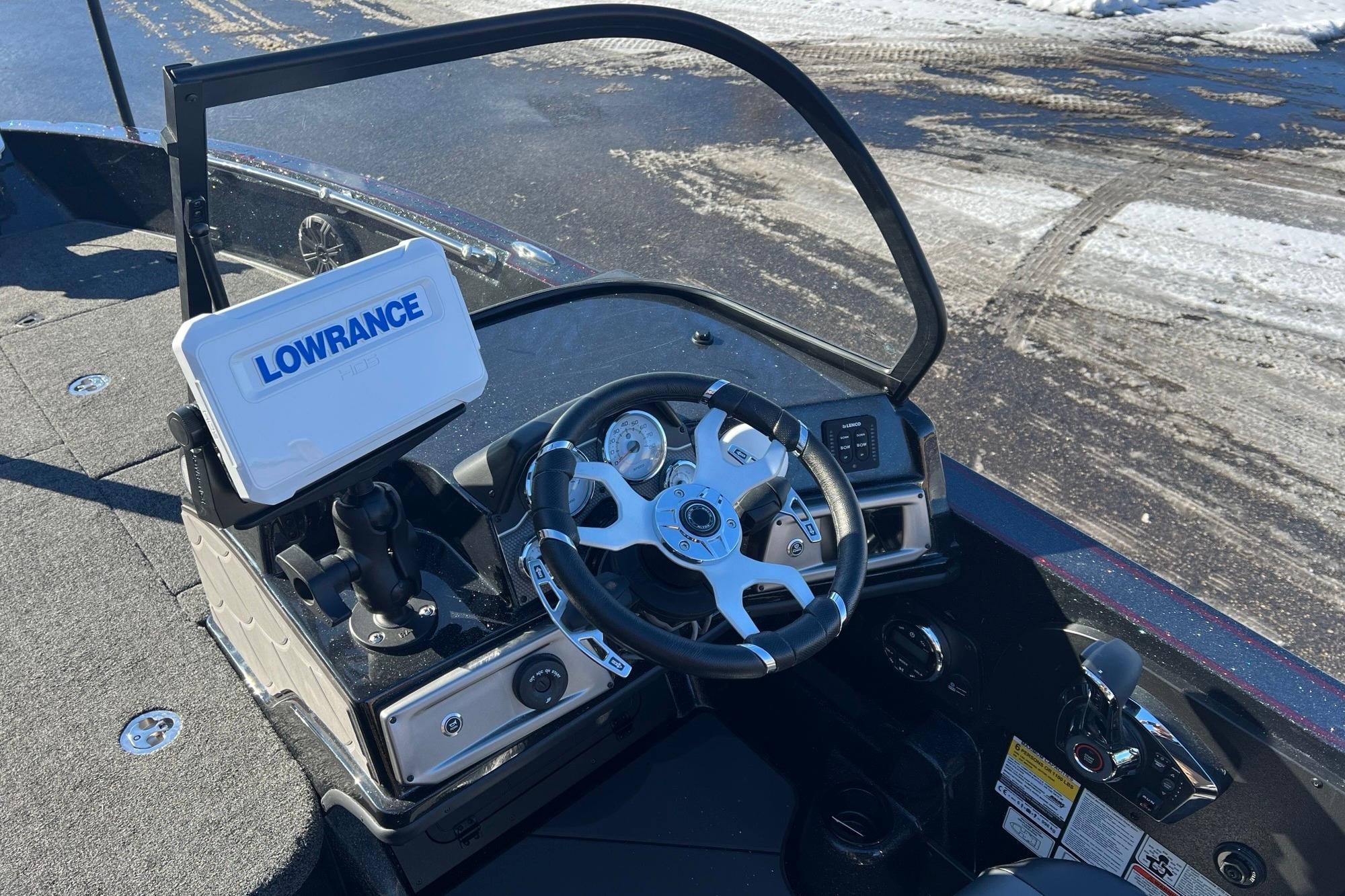 2026 Nitro ZV20 boat dashboard with Lowrance navigation system and steering wheel.