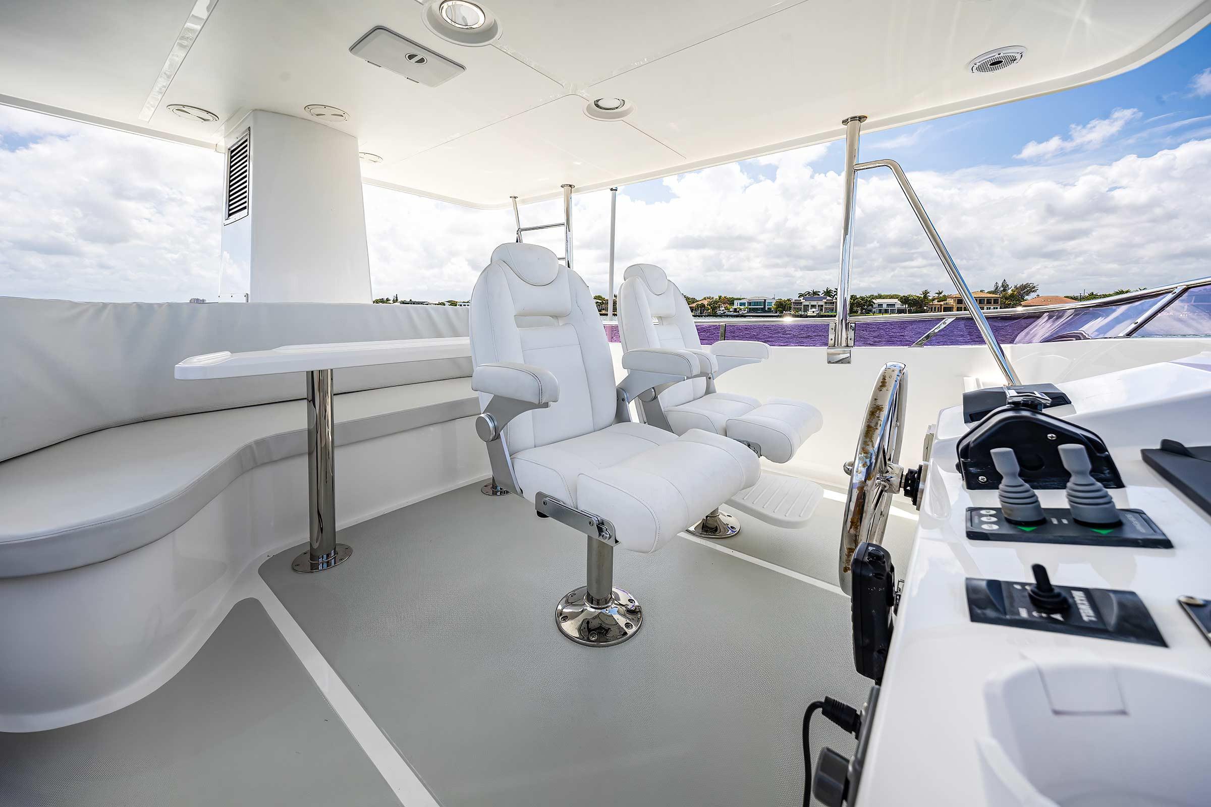 Luxurious 2025 Nordhavn 625 yacht helm with white seating and modern controls.
