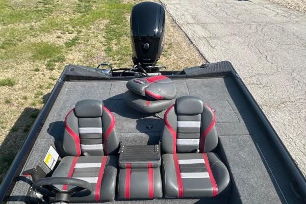 2025 Ranger RT188C boat interior with gray and red seating, viewed from above.