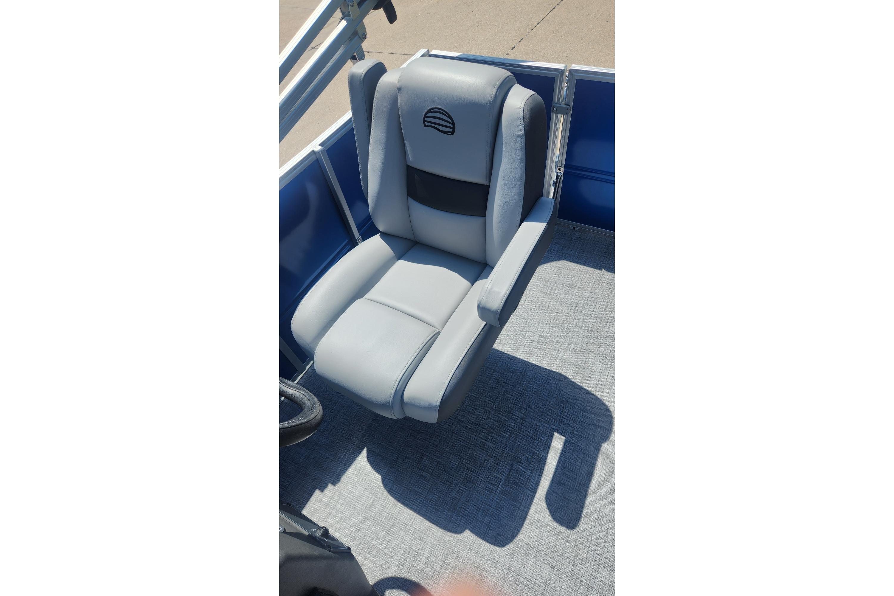2026 Sun Tracker Party Barge 16 DLX boat seat, gray upholstery, blue accents.