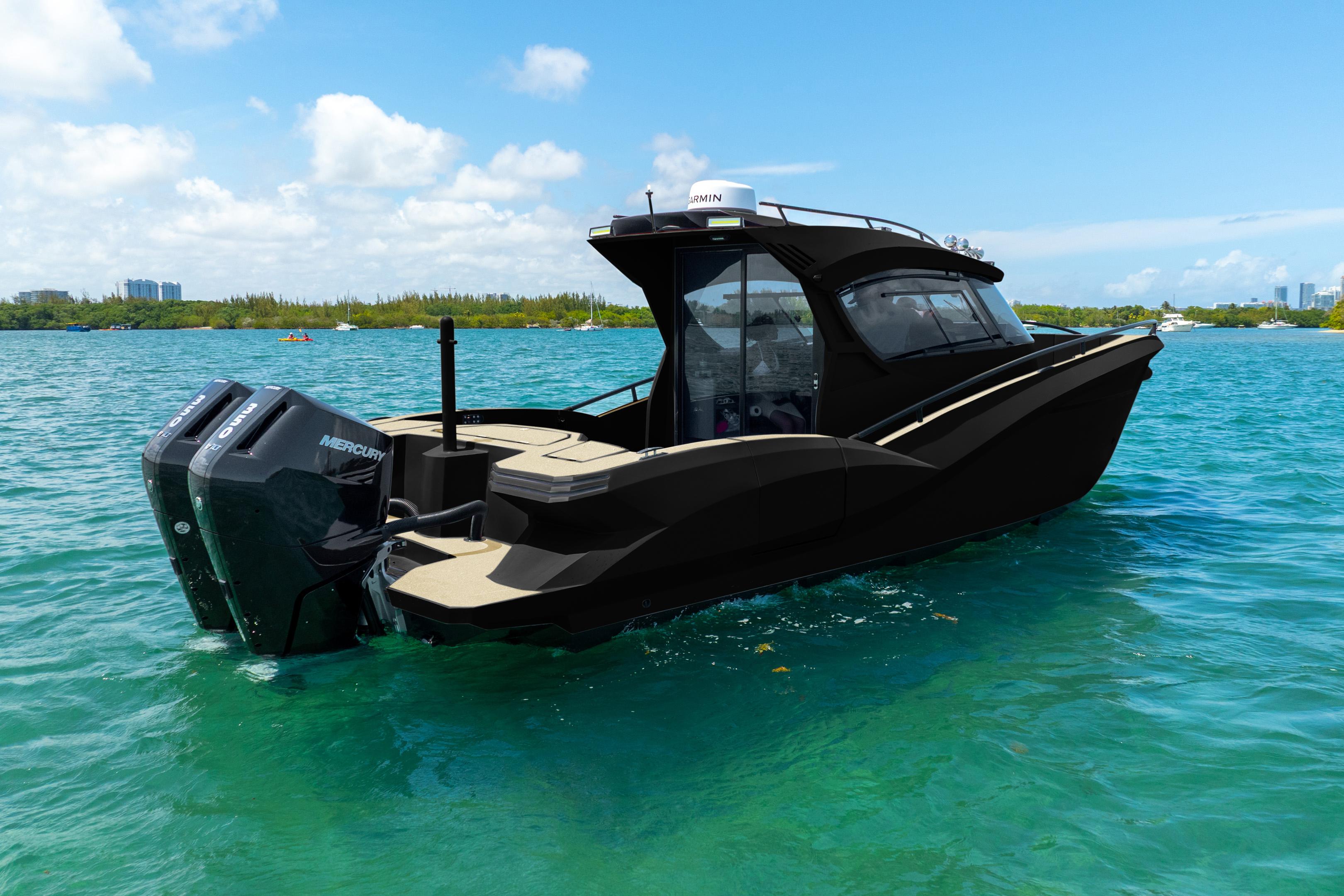 2025 Novielli SERE boat on clear blue water, featuring dual Mercury engines.