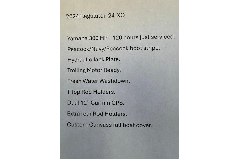 2024 Regulator 24XO boat features Yamaha 300 HP, Garmin GPS, and custom canvas cover.