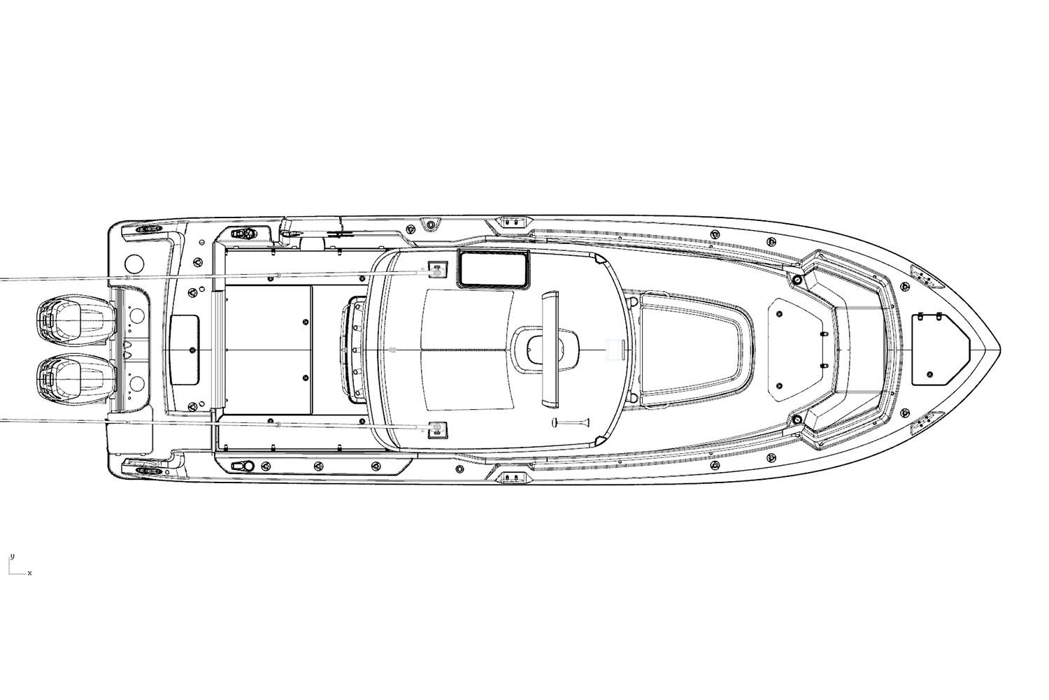 Manufacturer Provided Image: Top view blueprint of 2019 Boston Whaler 330 Outrage boat model.