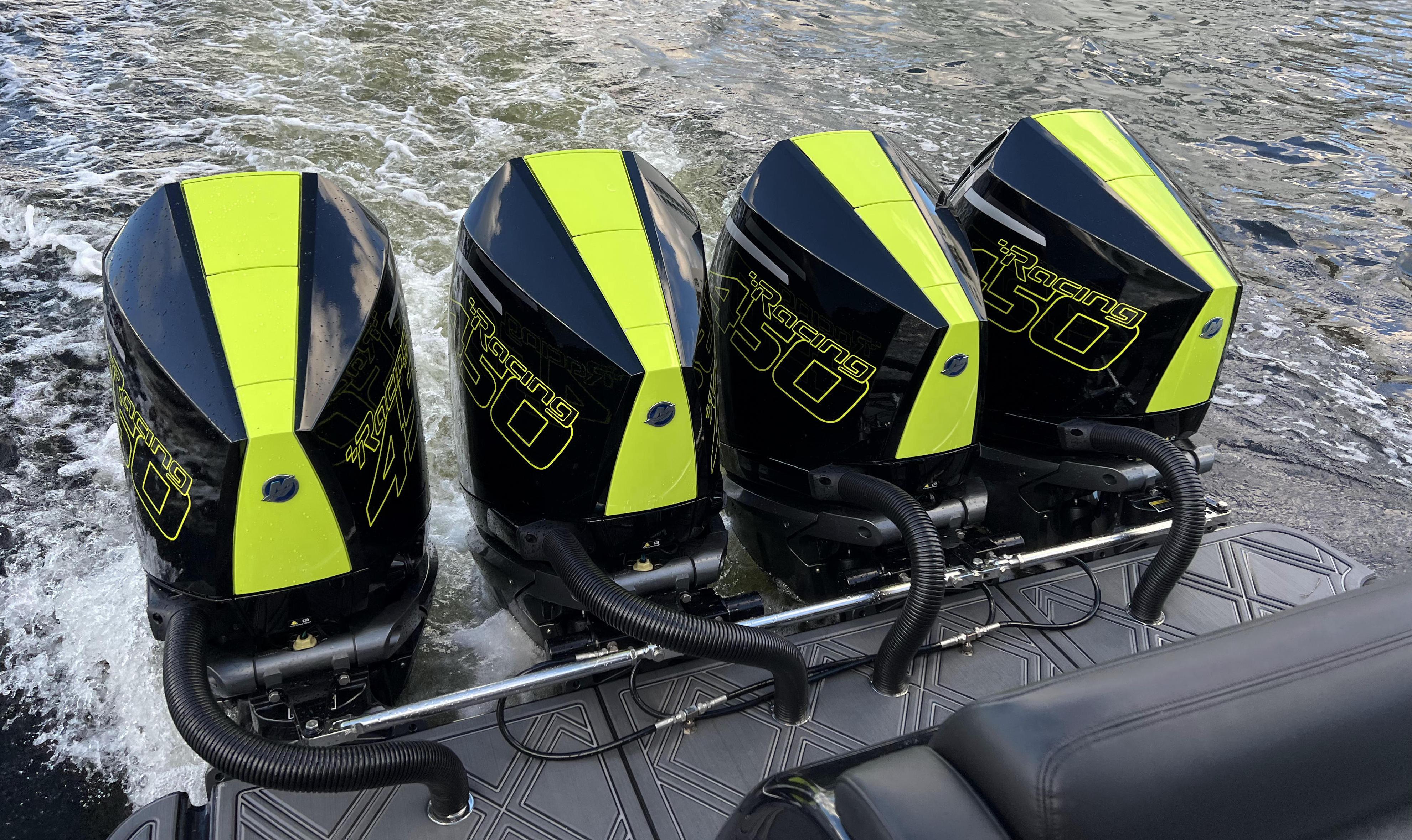 2023 Mystic Powerboats M4200 with quad Mercury 450R outboard engines.