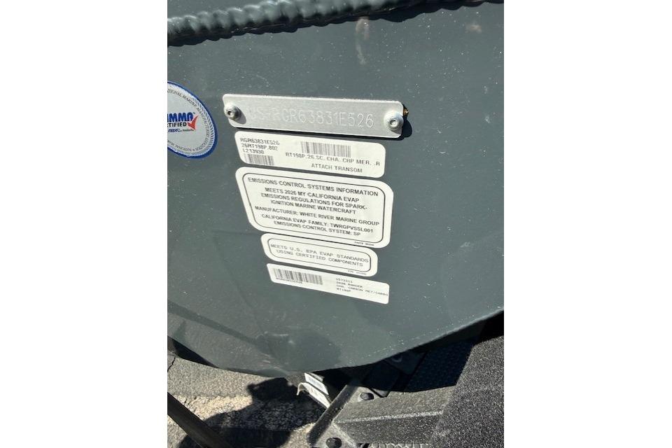 2026 Ranger RT198P boat with certification and emissions labels on the transom.