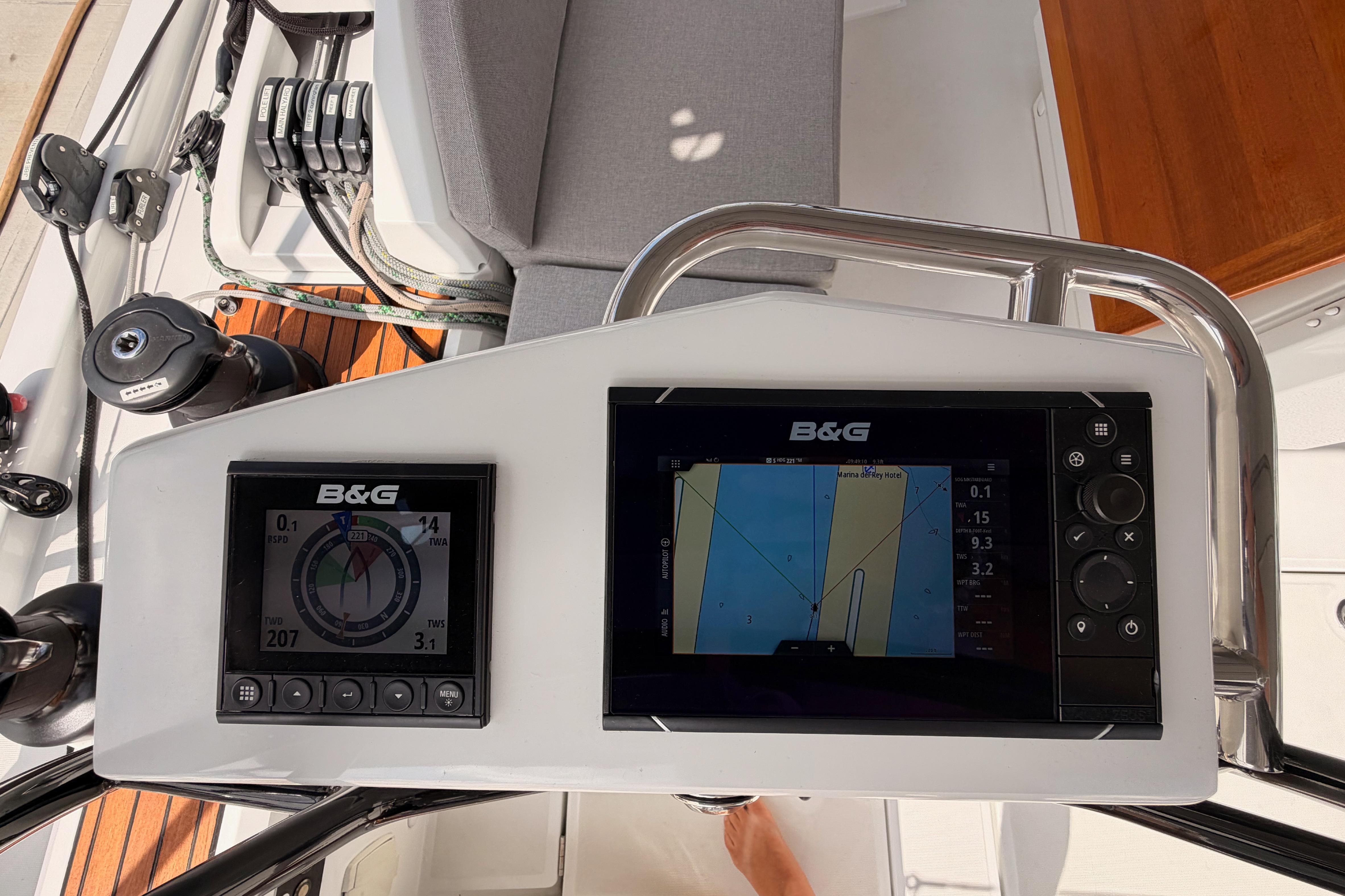 Beneteau Oceanis 46.1 2020 yacht cockpit with B&G navigation displays and controls.