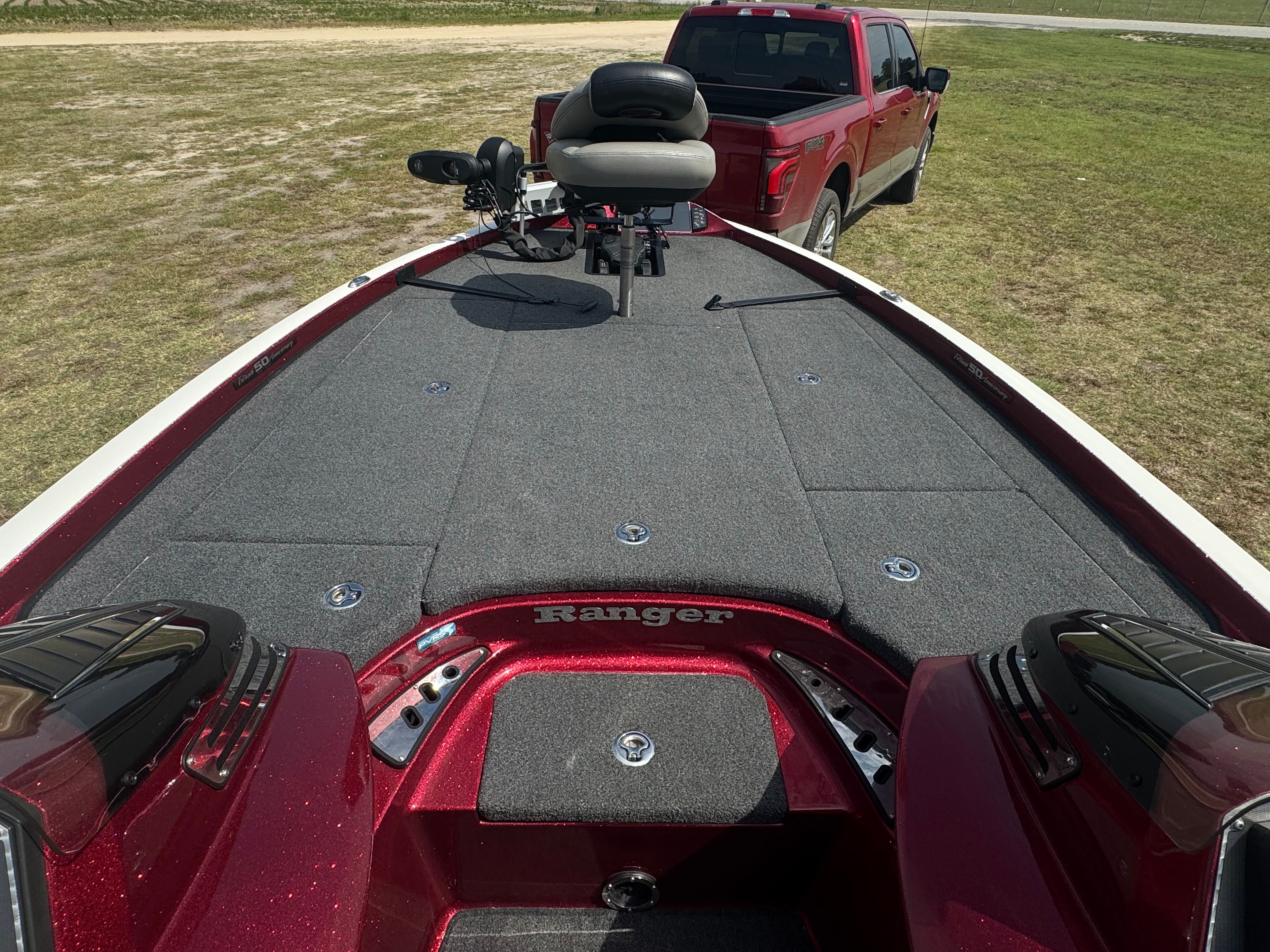 A Ranger 521C boat on a trailer, ready for launch.