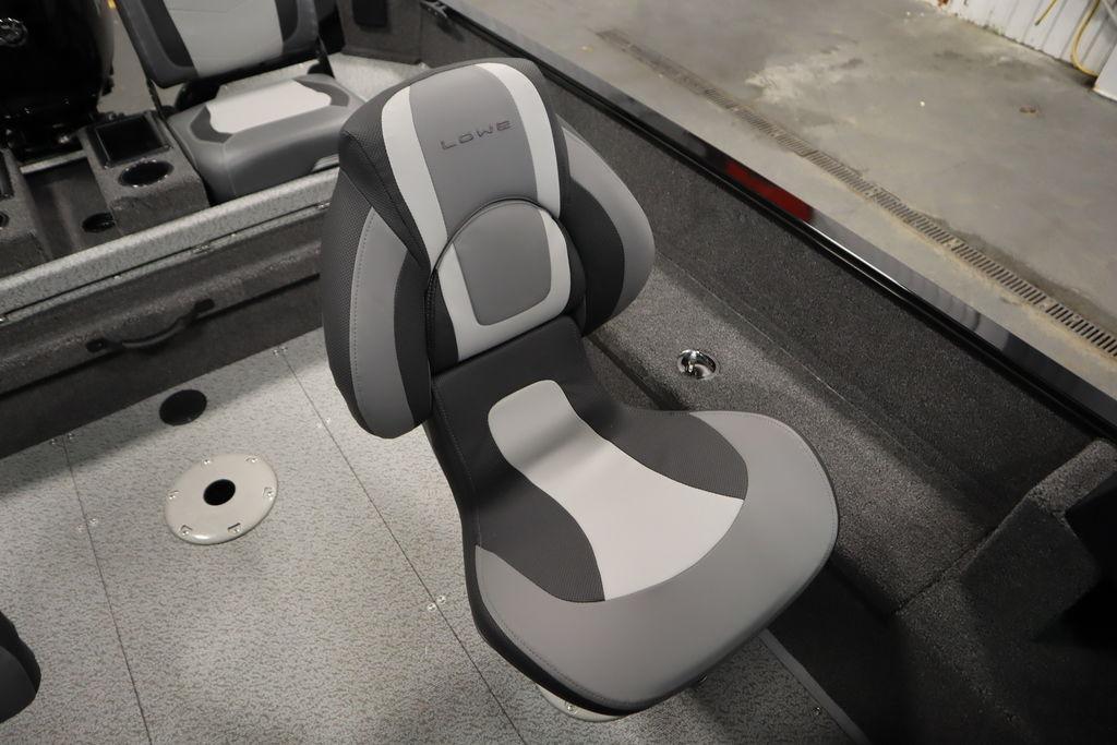2026 Lowe Fishing Machine 175 boat seat, gray and black design, interior view.