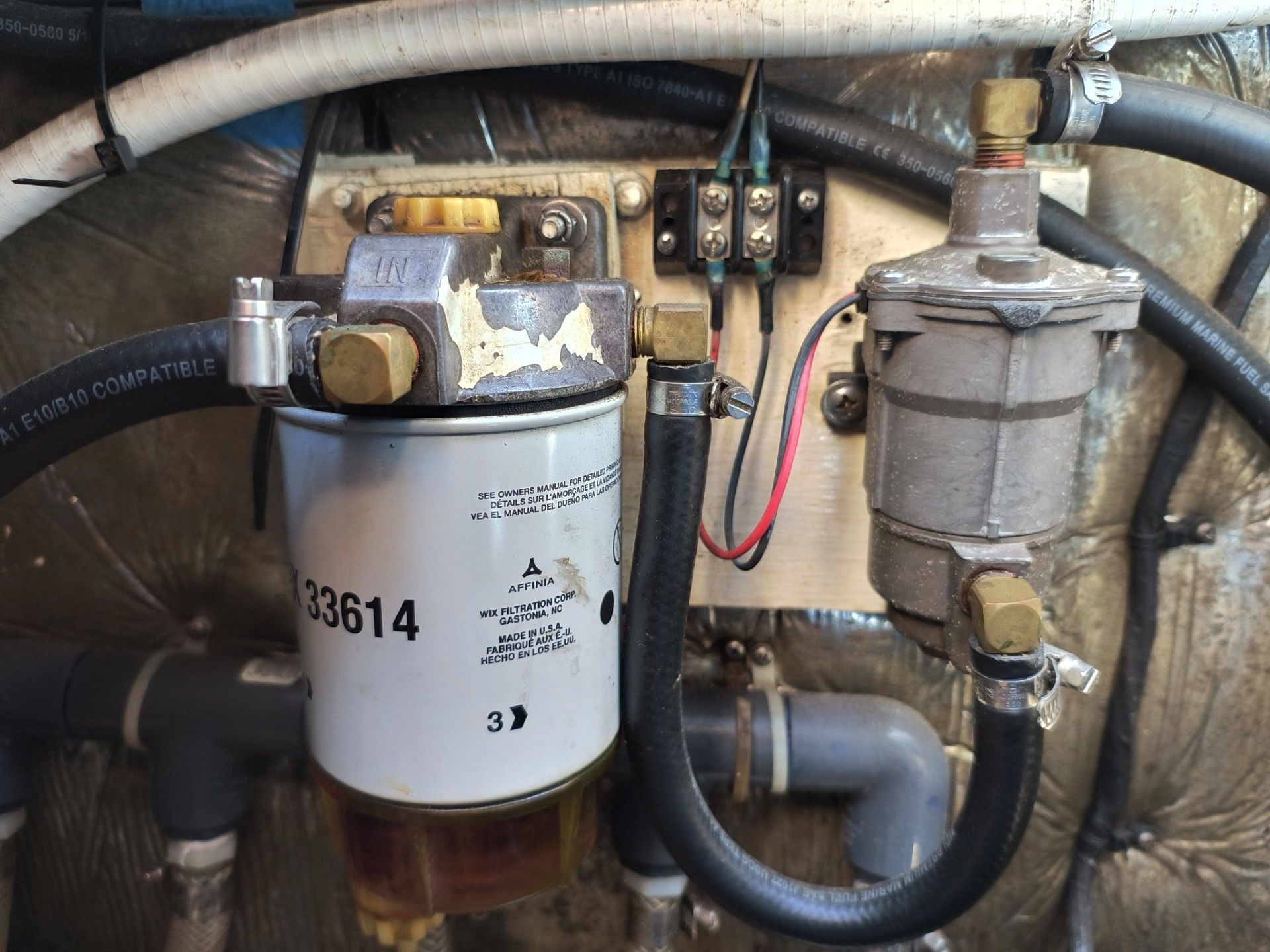 Fuel filter and hoses in a 1985 Island Packet IP-27.