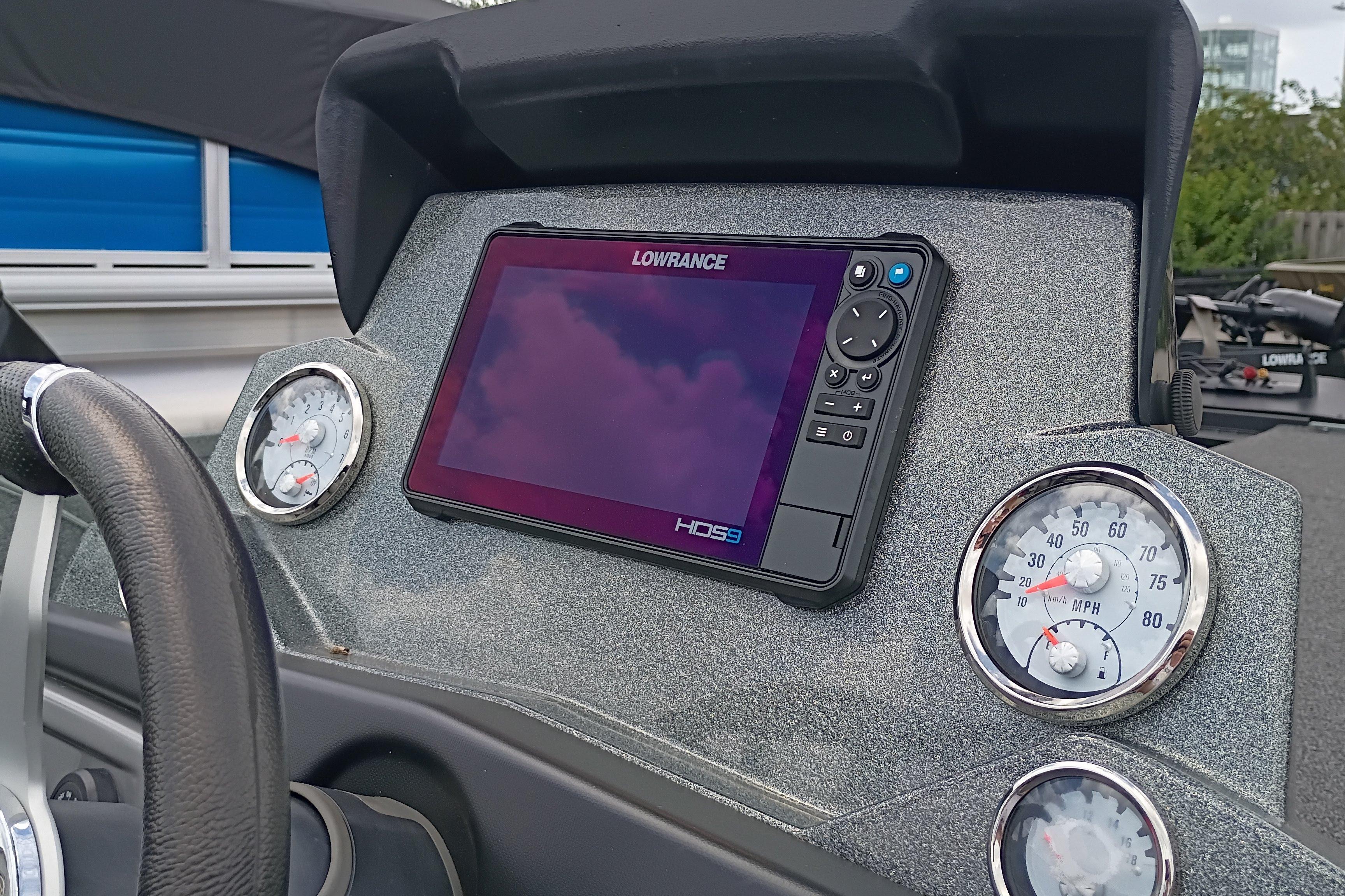 Dashboard of 2024 Nitro Z19 Pro boat with Lowrance HDS9 display and gauges.
