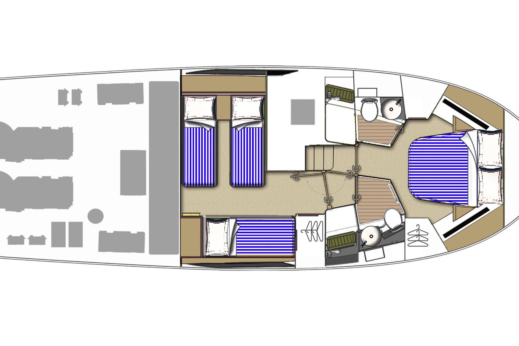 Floor plan of a 2018 Riviera 445 SUV yacht, featuring 2 cabins and 2 full heads