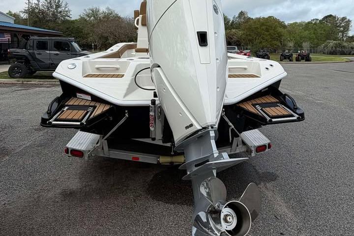 2026 Ranger 2600 Bay boat with powerful outboard motor on a trailer.