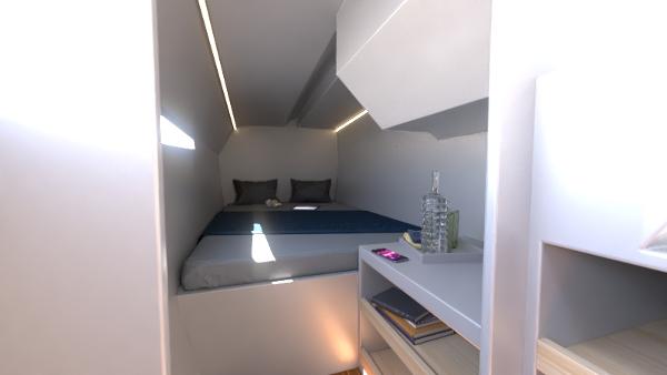 2024 Catamaran Cruisers Power Cat interior cabin with bed and storage shelves.