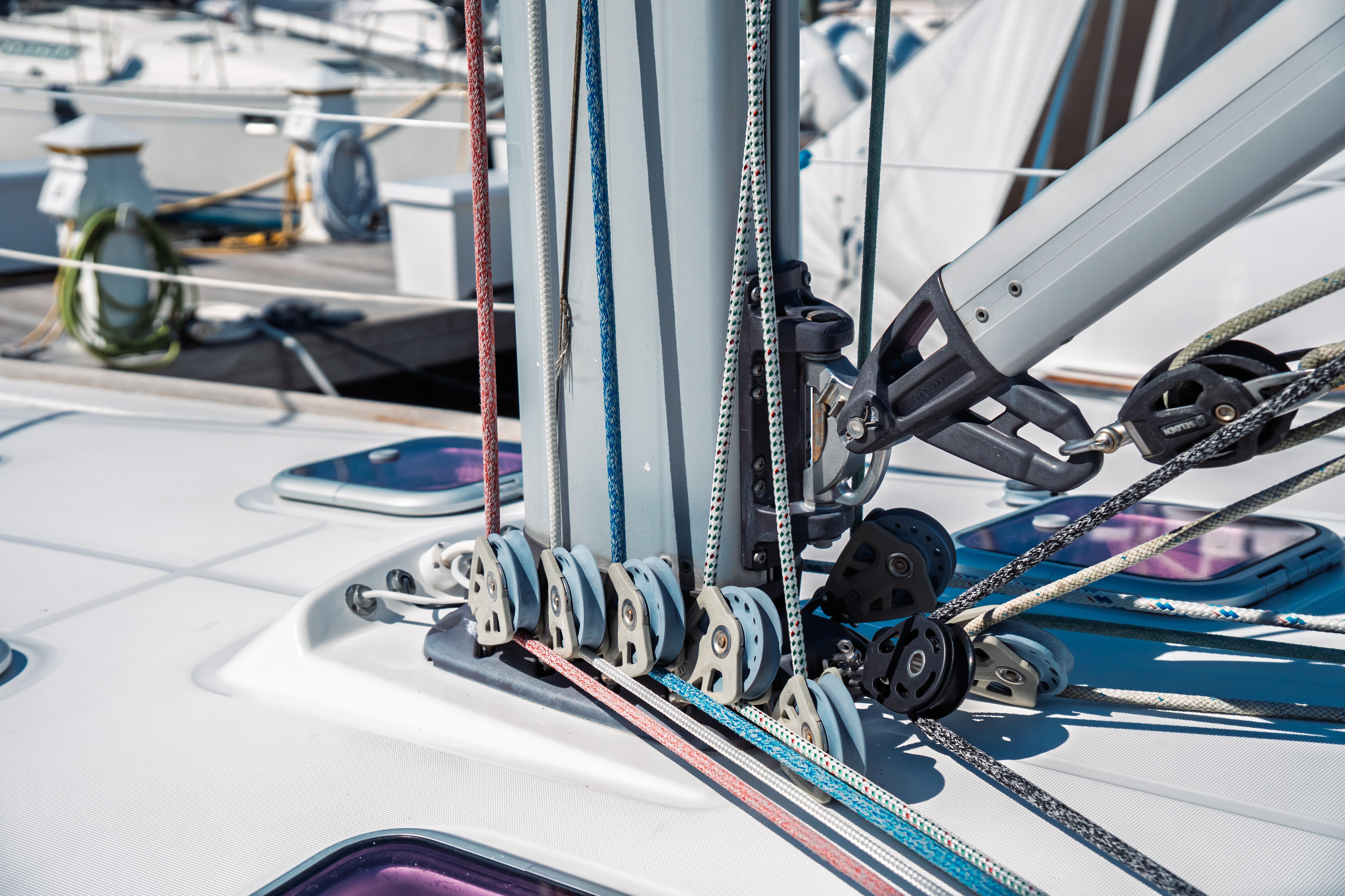 Close-up of rigging on a 2011 Beneteau Oceanis 50 sailboat at a marina.