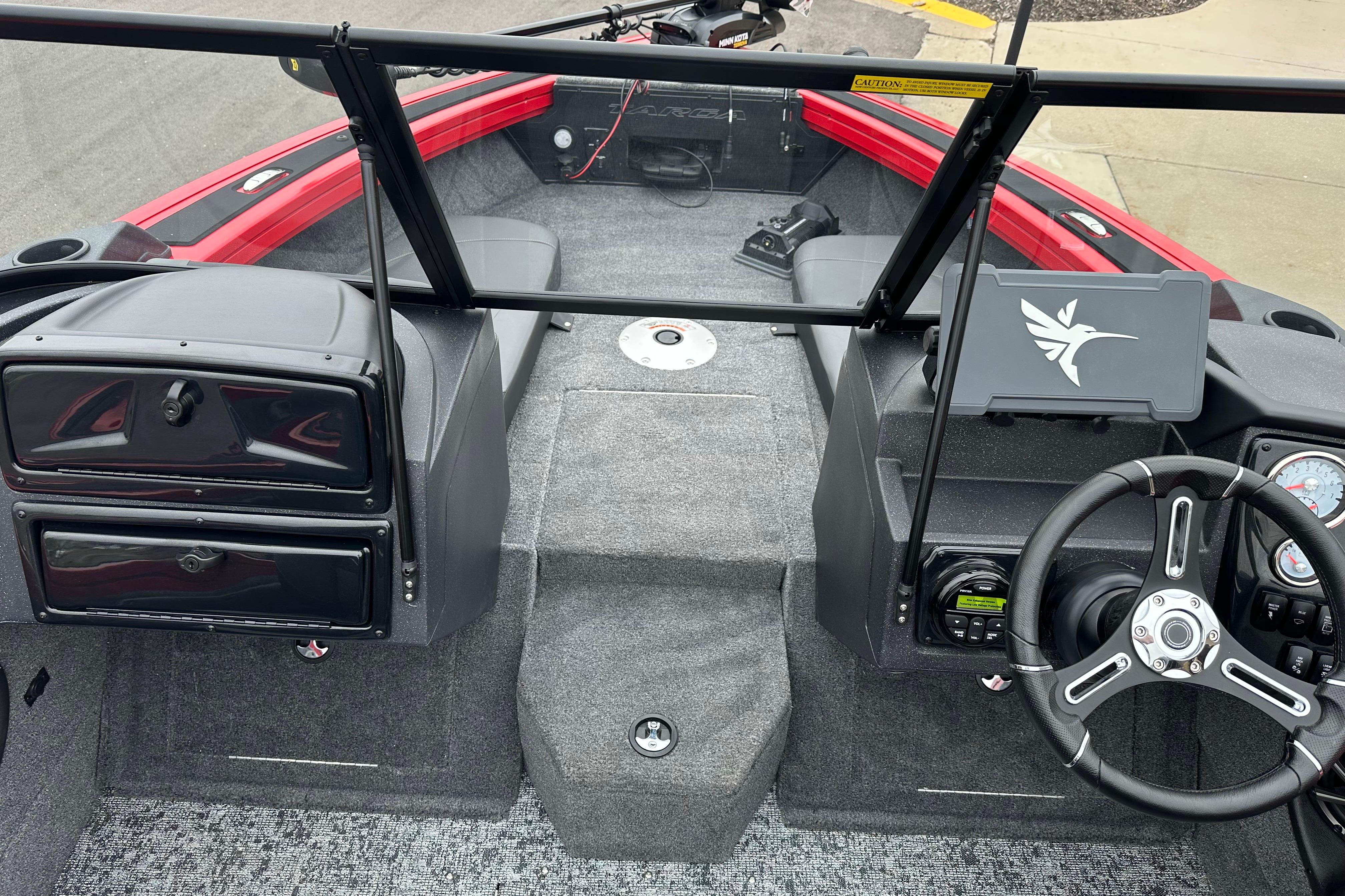 2026 Tracker Targa V-19 Combo boat interior with steering wheel and dashboard controls.