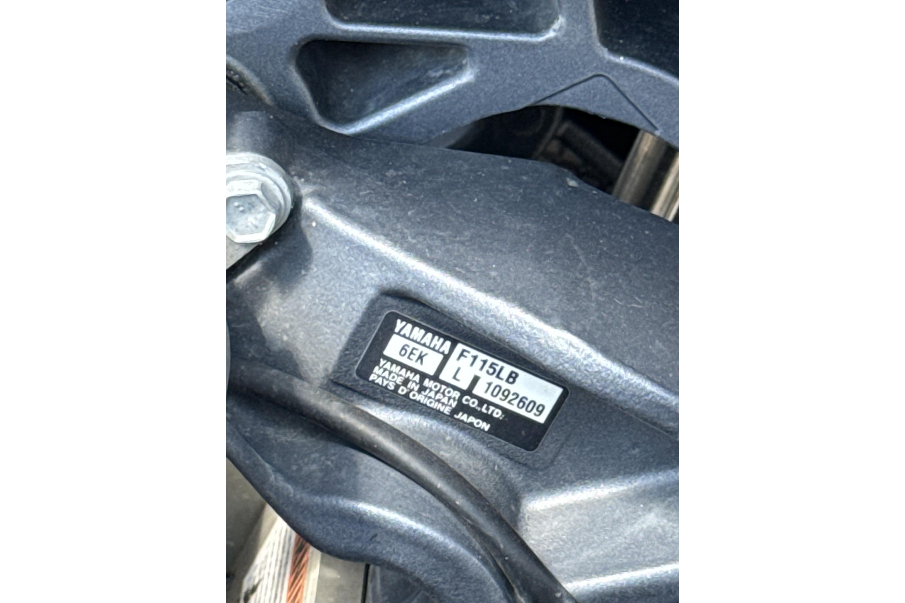 Yamaha F115LB engine label on 2022 Alweld 2270 Large Flat Bottom boat.