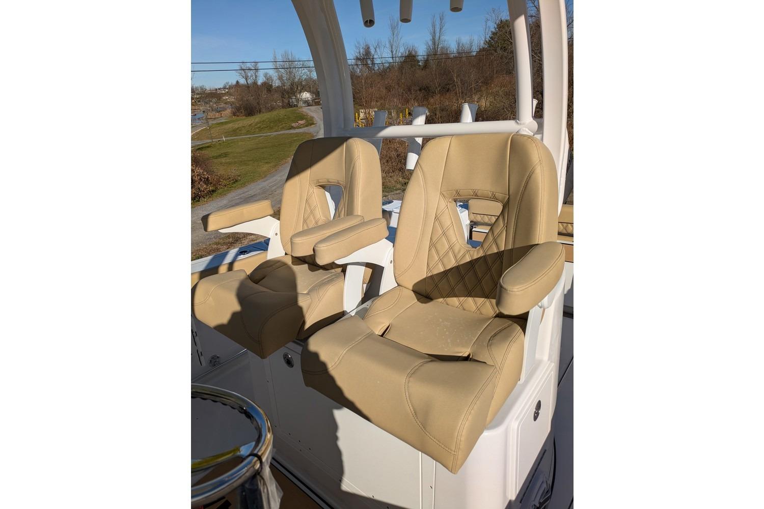 Beige leather seats on 2025 Sportsman Open 282 Center Console boat.