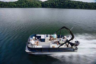 2026 Lowe SF 214 Sport Fish pontoon boat cruising on a serene lake.