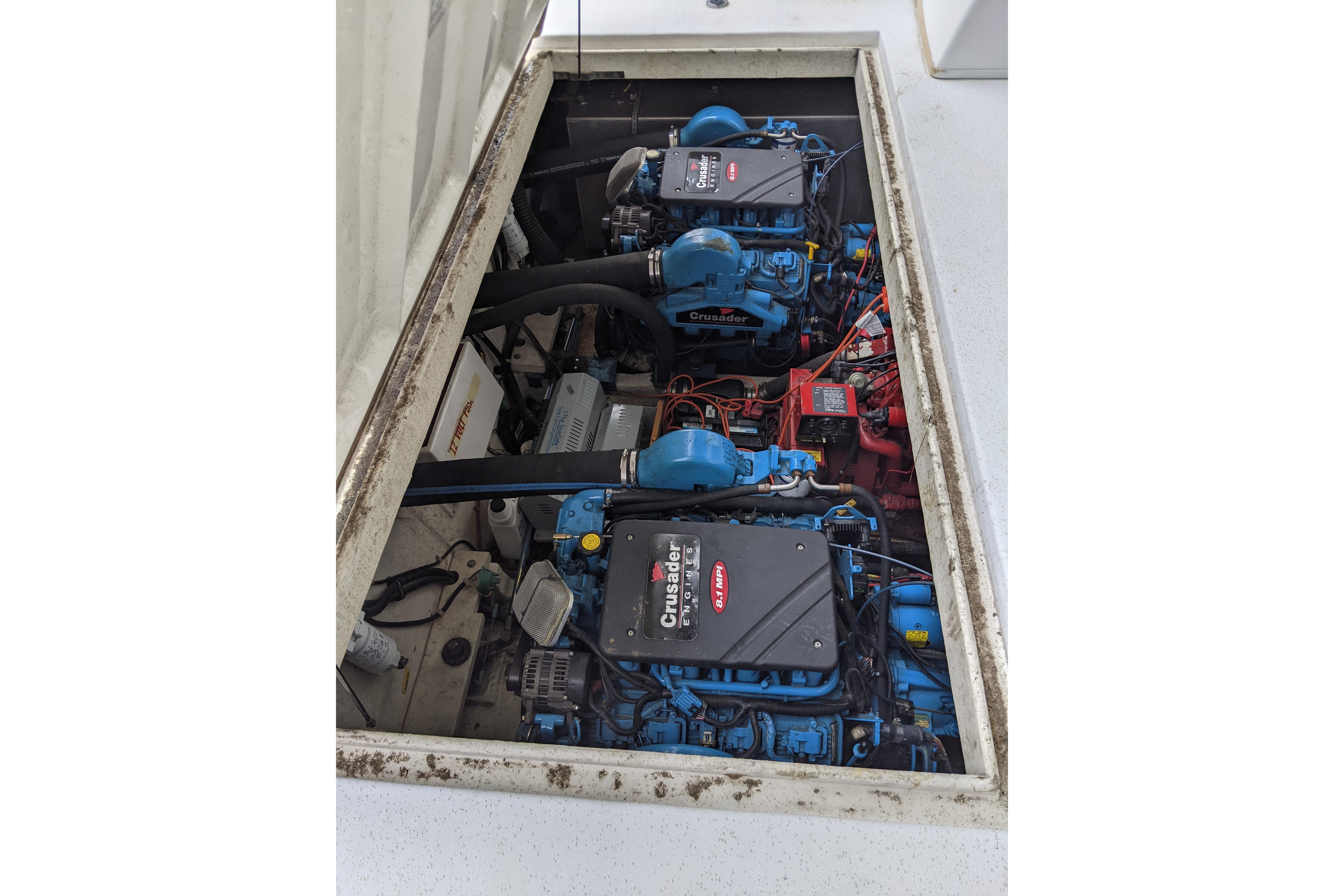 Engine compartment of a 2001 Gibson 50 Cabin Yacht with Crusader engines.