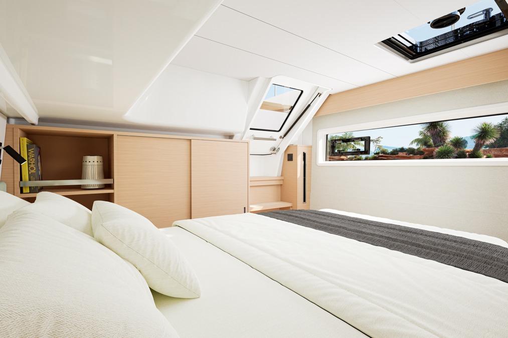 Interior of Lagoon 47 yacht, modern bedroom design, year 2026.