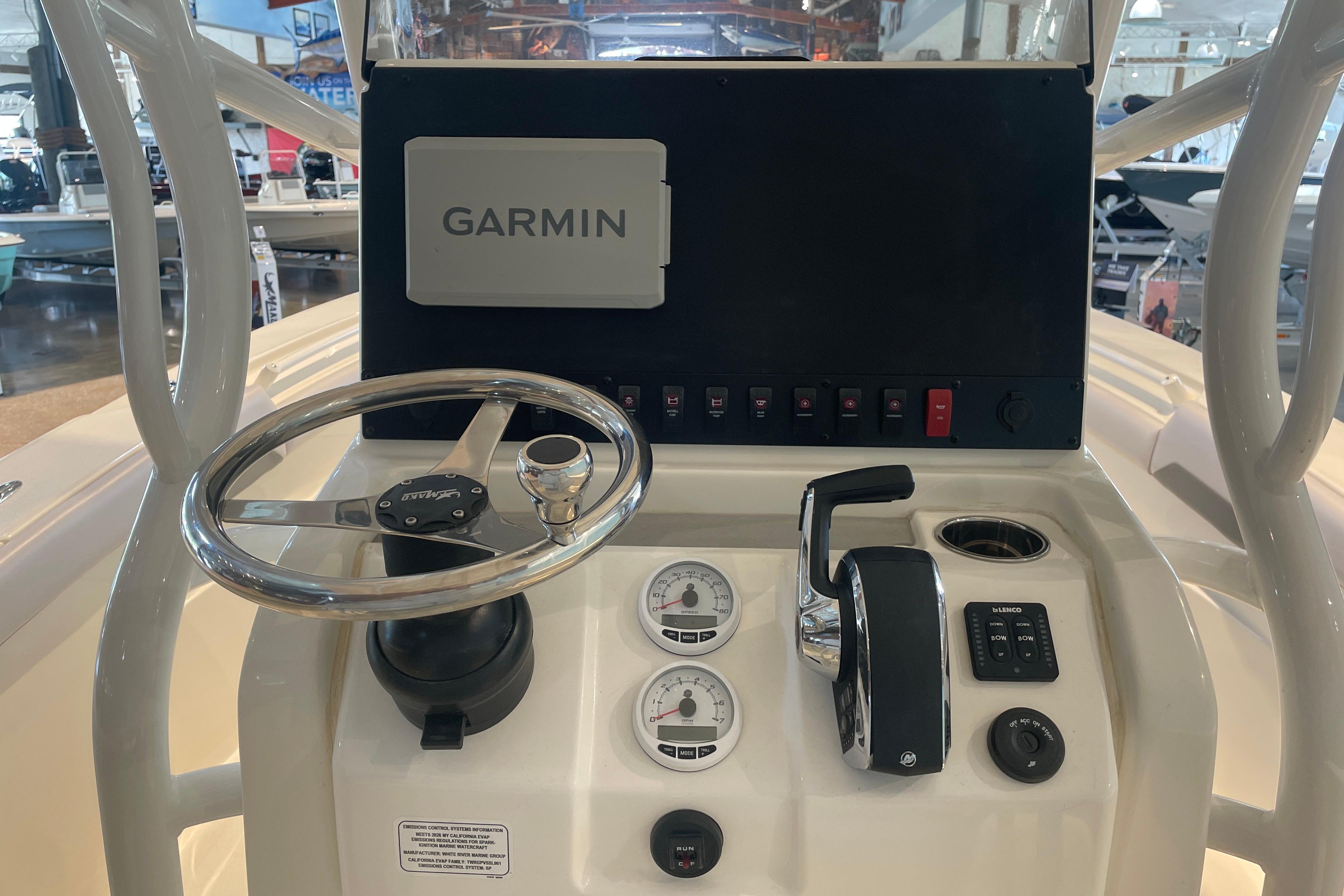 Center console of 2026 Mako 226 boat with Garmin navigation system.