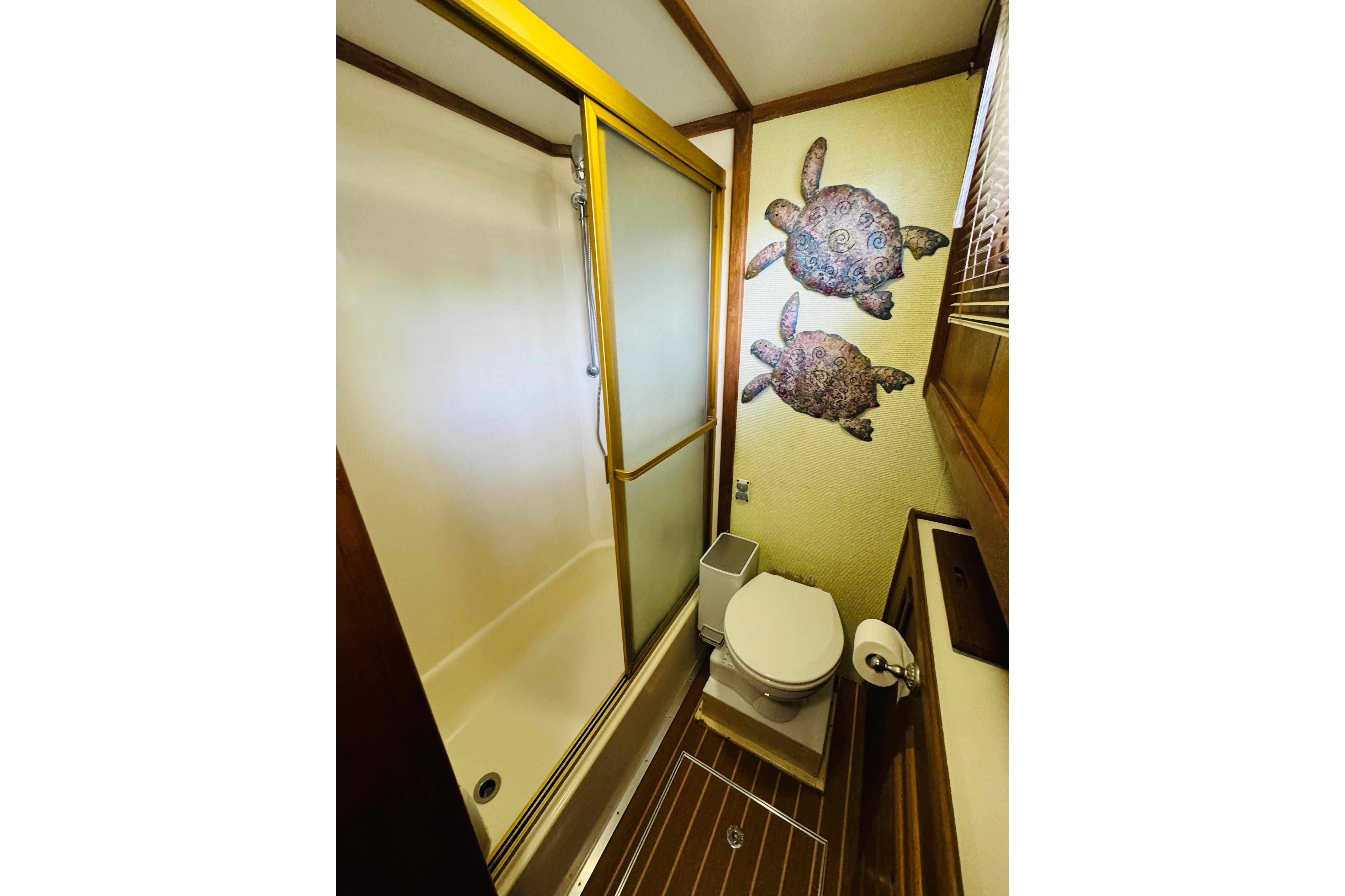 Bathroom of 1978 Californian 42 LRC yacht with shower and turtle wall decor.