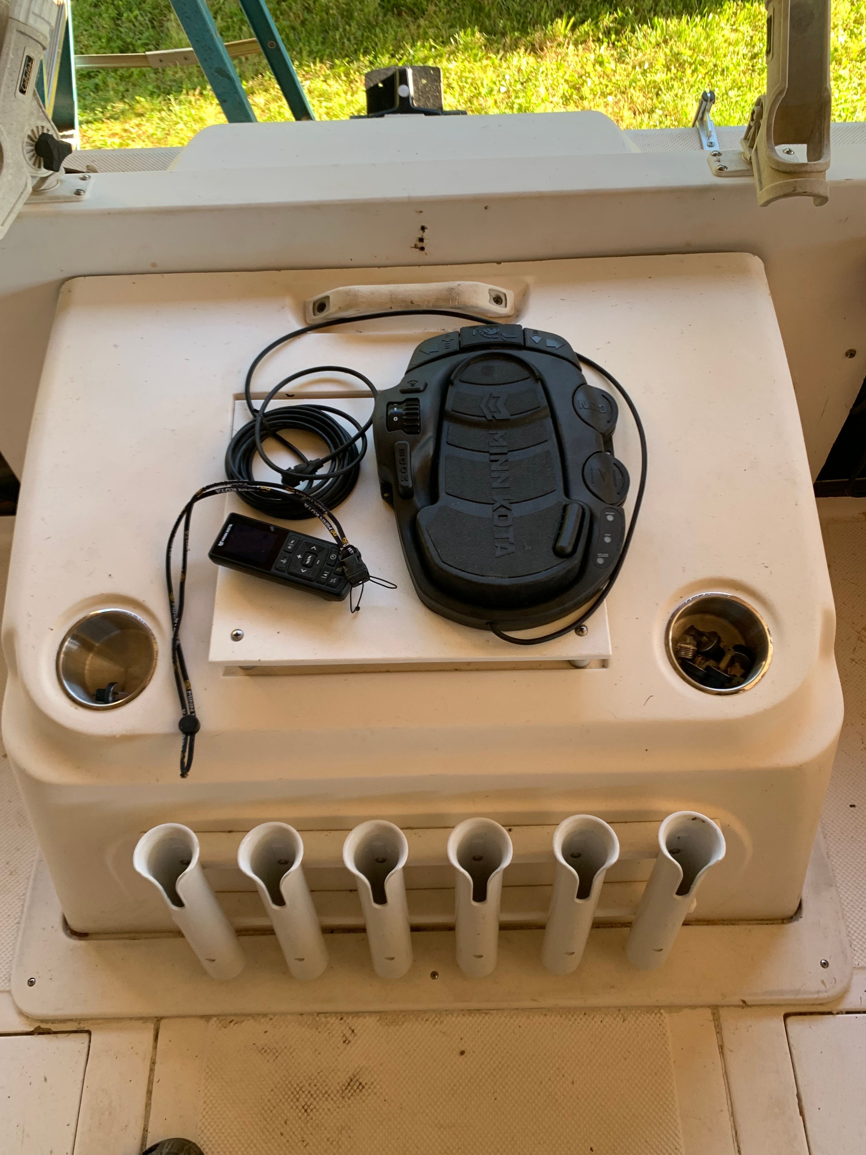 Boat deck with rod holders and electronics, Eurosport 221WA, 1998.