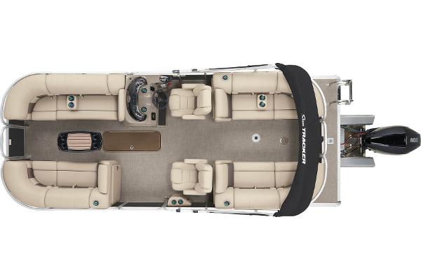 2023 Sun Tracker Party Barge 22 XP3 pontoon boat, top view, spacious seating, and modern design.