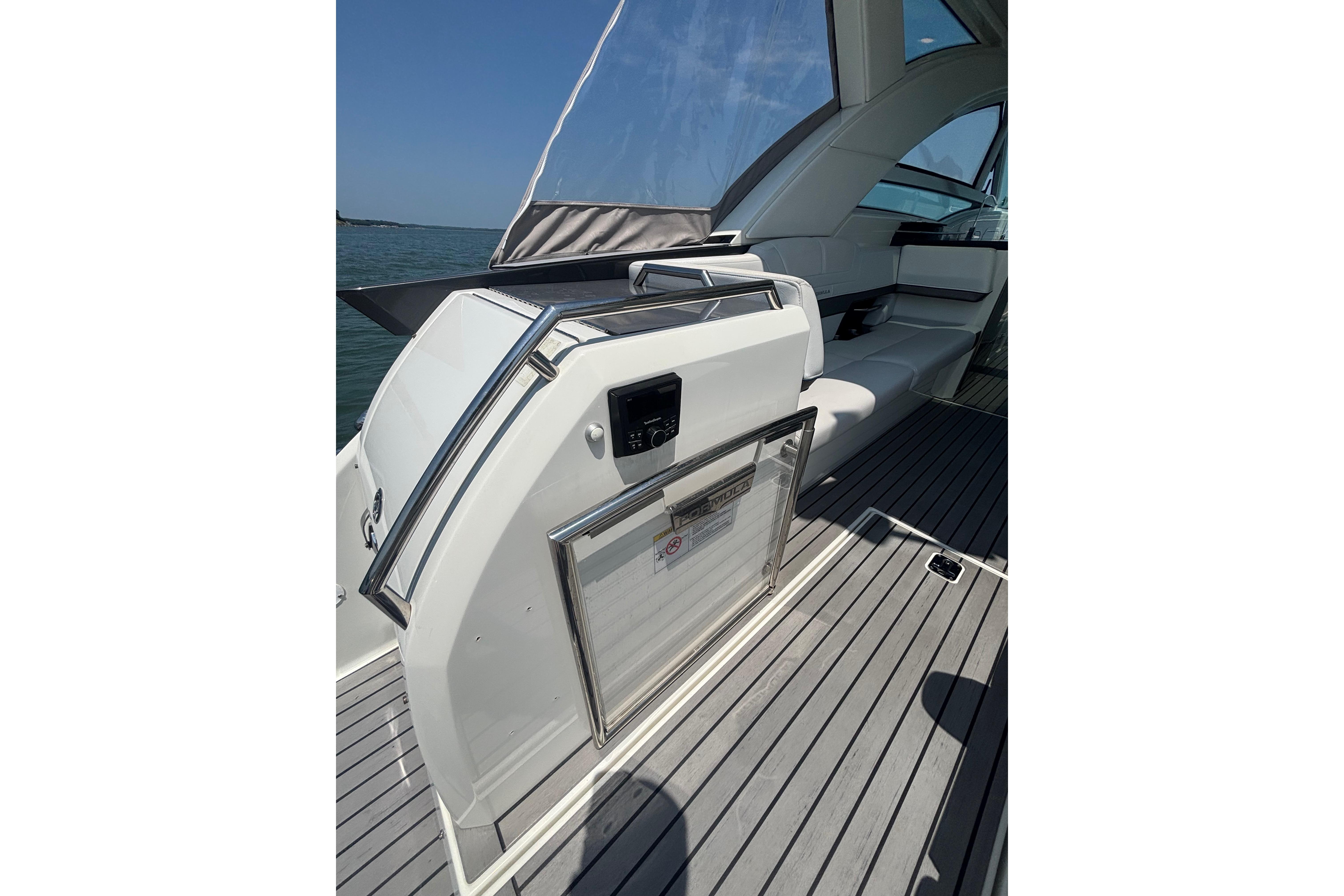 2019 Formula 430 Super Sport Crossover yacht interior with sleek seating and modern design.