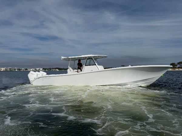 2025 Yellowfin 39 Offshore boat cruising on open water.