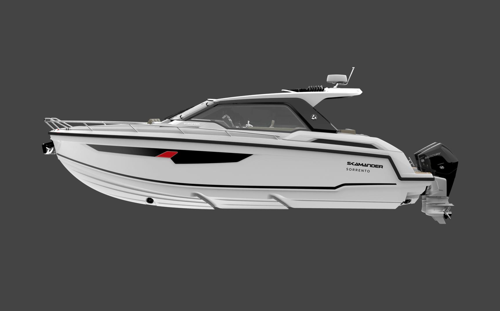 2024 Parker Poland Sorrento 100 boat, sleek white design, side view on gray background.
