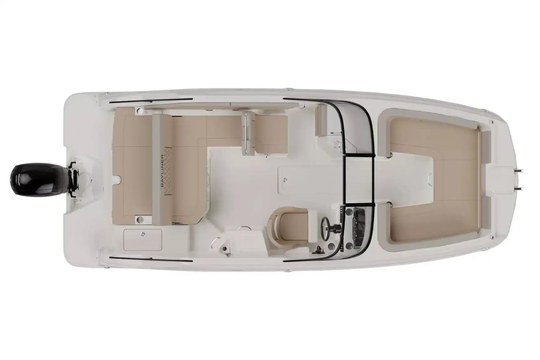 Manufacturer Provided Image: Top view of 2026 Bayliner D22 boat with beige seating and outboard motor.
