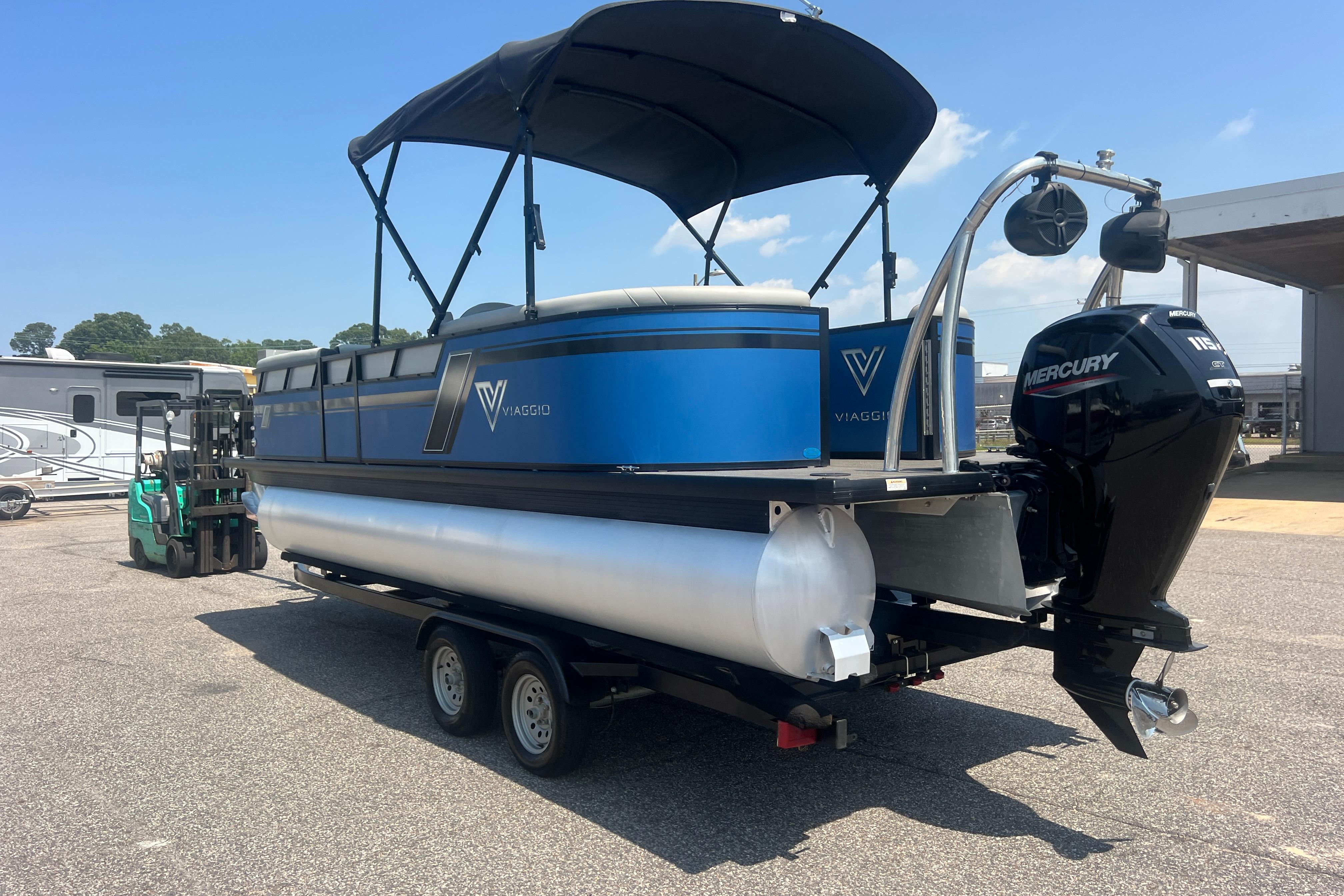 2022 Viaggio Lago V-U 22 pontoon boat with Mercury engine on trailer.
