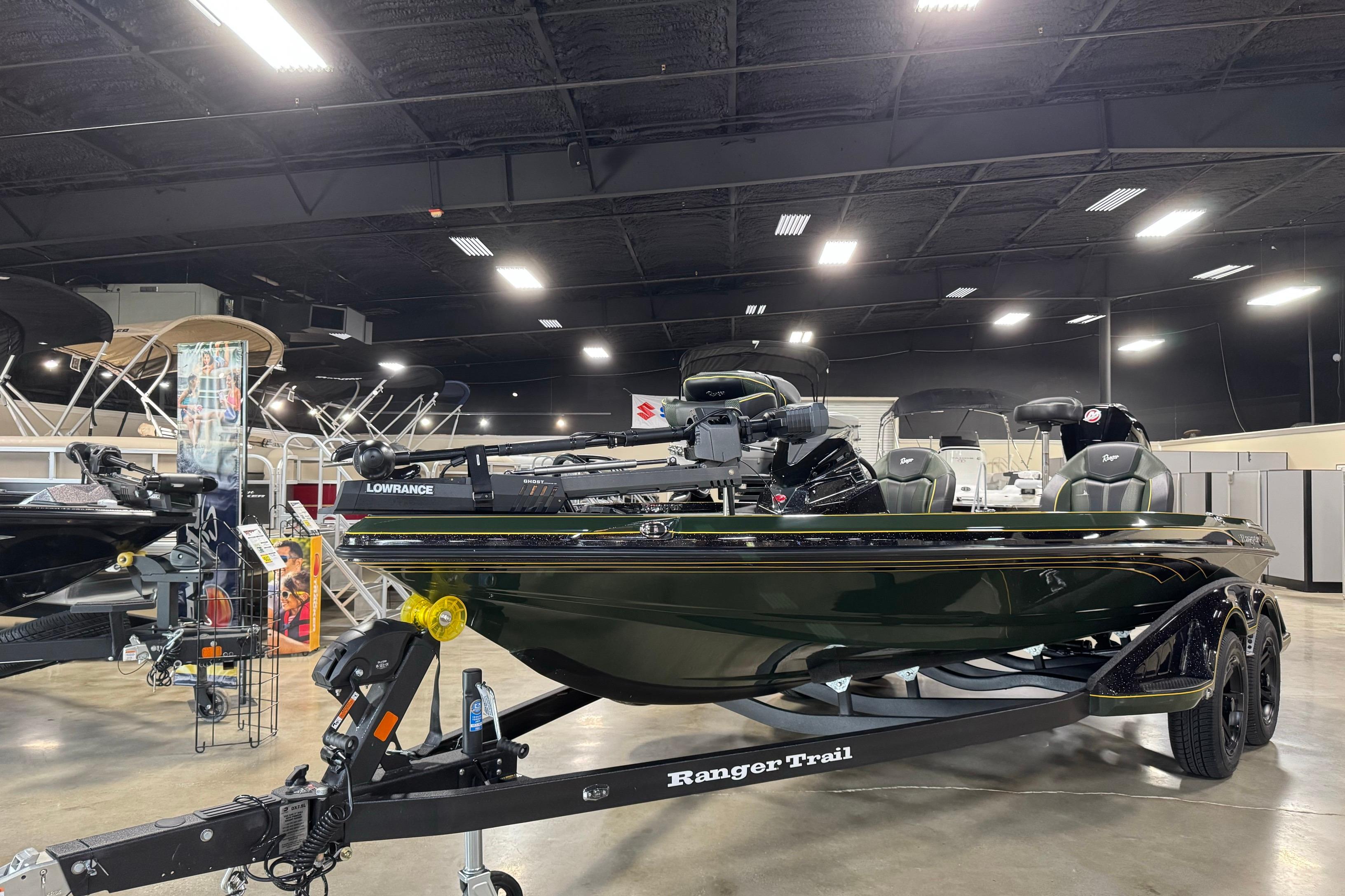 2025 Ranger Z519R Cup-Equipped boat displayed indoors on a trailer.