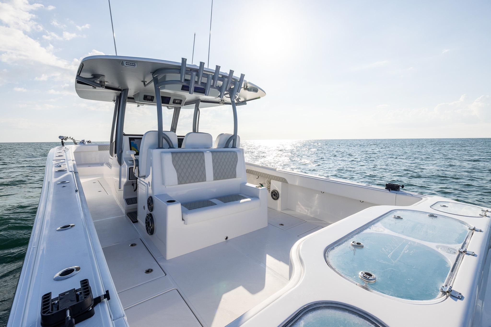 2026 Front Runner 37 Catamaran on open sea, showcasing spacious deck and seating.